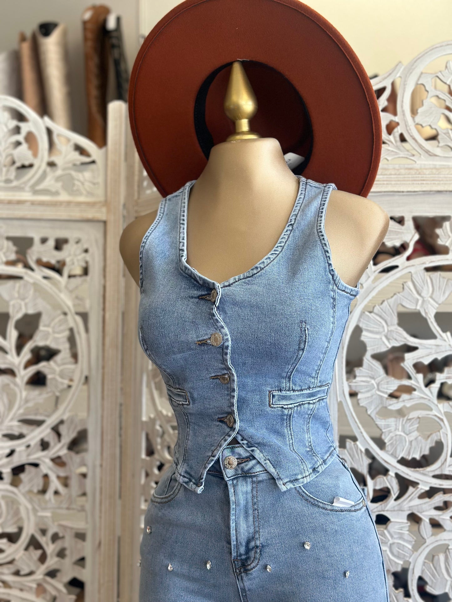 Denim Vest Button Top- Slightly  Stretchy