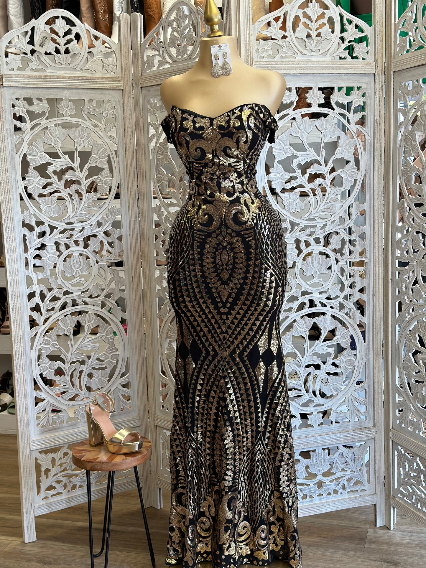 Gold and Black Sequin Design Gown