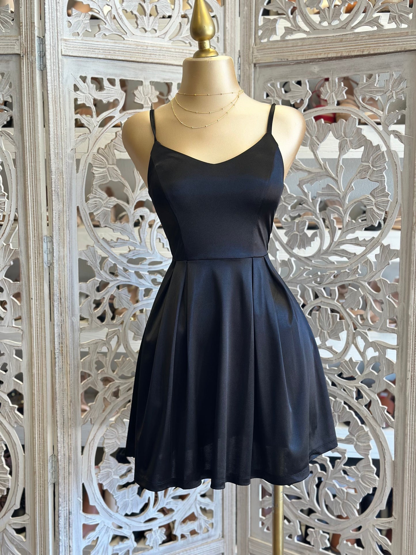 Black Satin Strappy Fit and Flare Dress-Stretchy