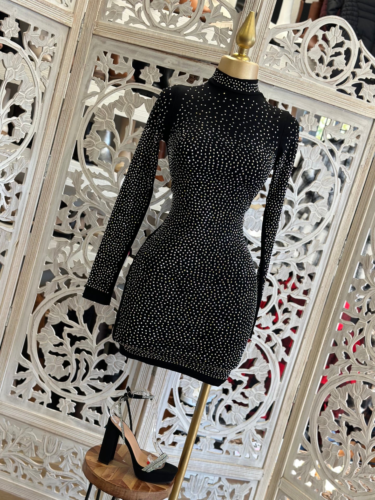 Black Rhinestone Mock Neck Mini Dress