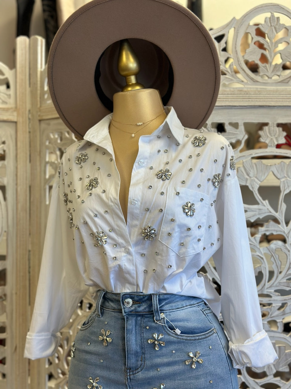 White Button Up Rhinestone Flower Blouse