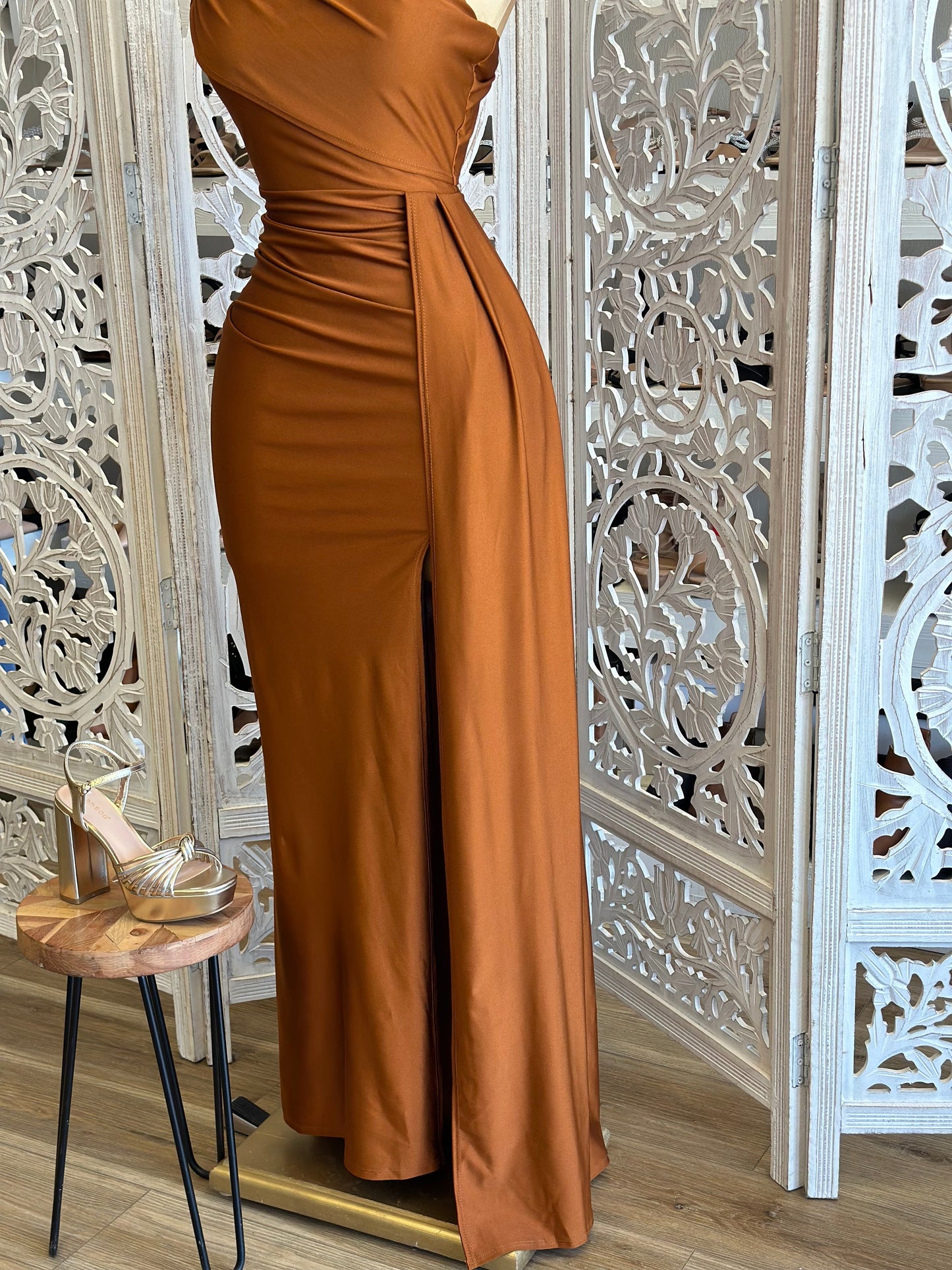 Bronze One Sleeve Ruched Formal Dress- Stretchy