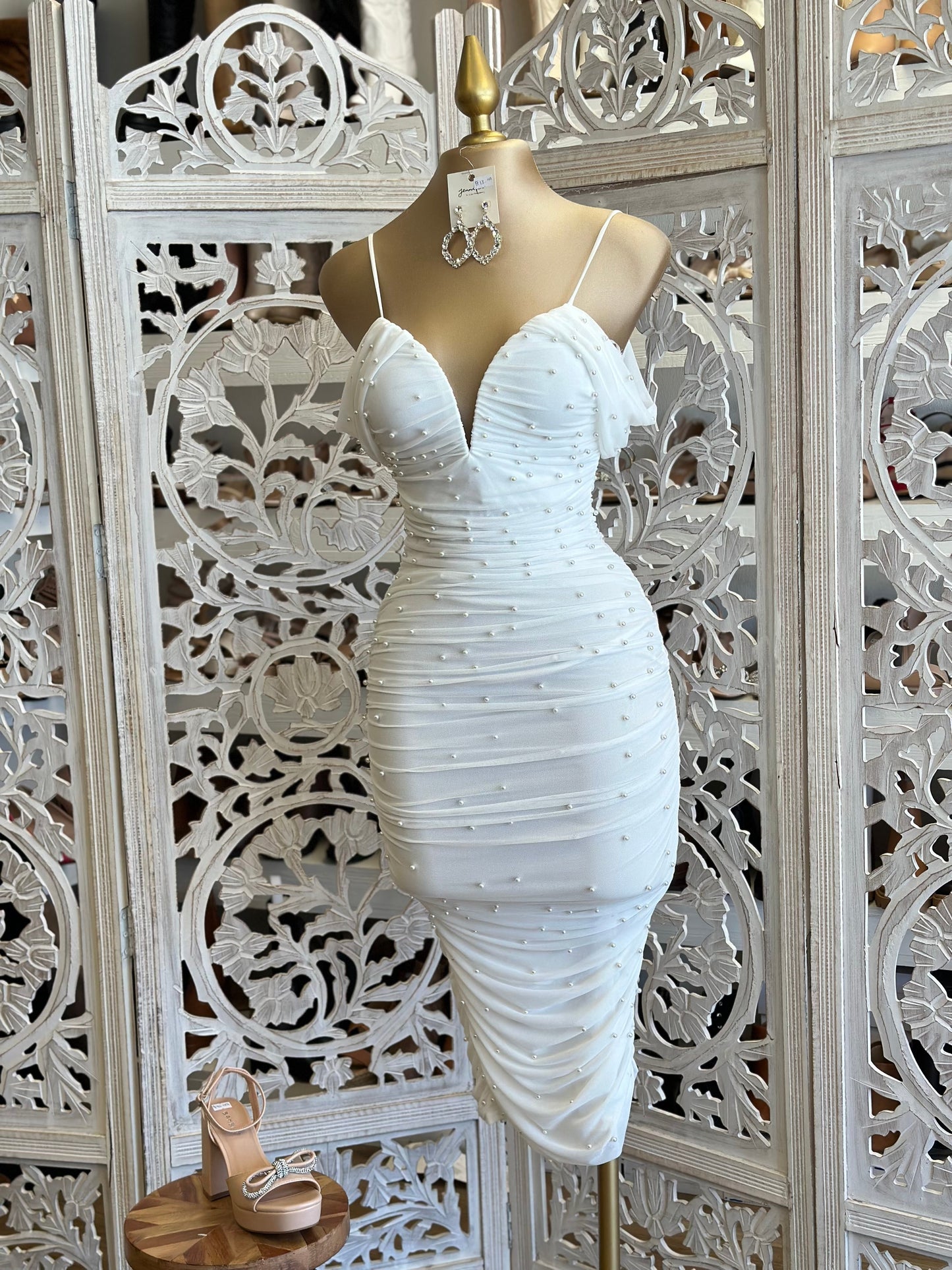 White Pearl Heart Lined Midi Dress- Stretchy