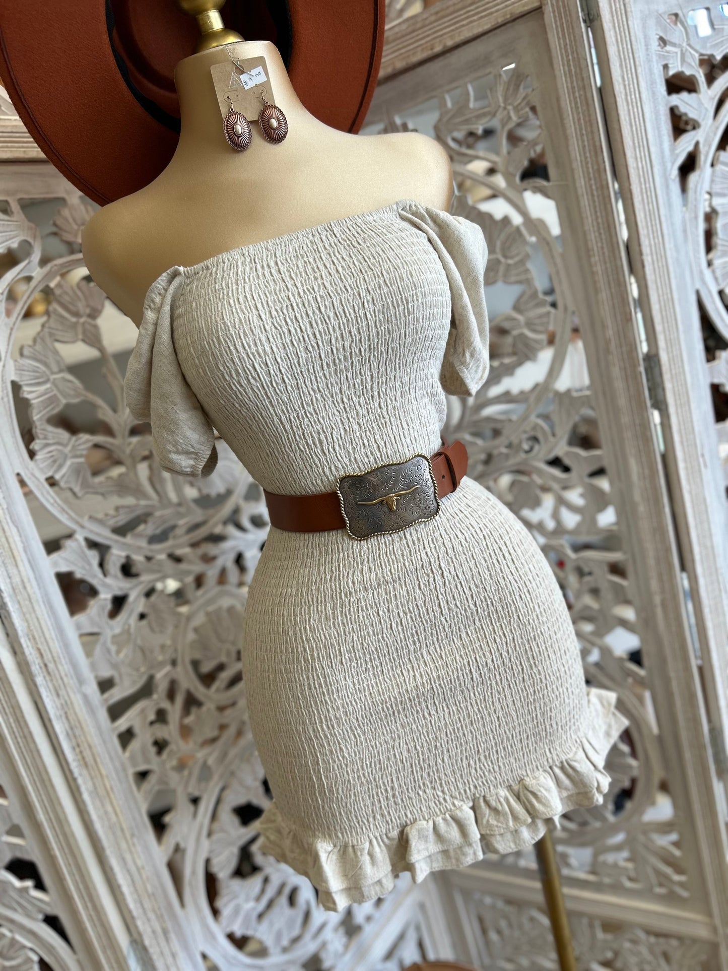 Beige Smocked Mini Dress- Stretchy