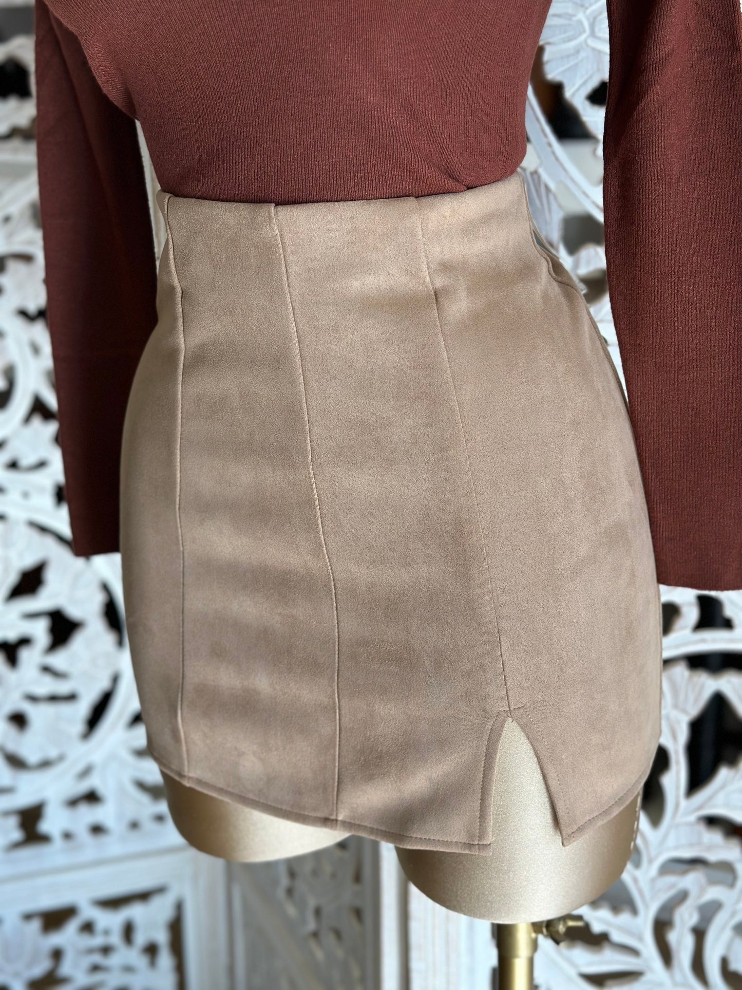 Tan Slit Suede Mini Skirt