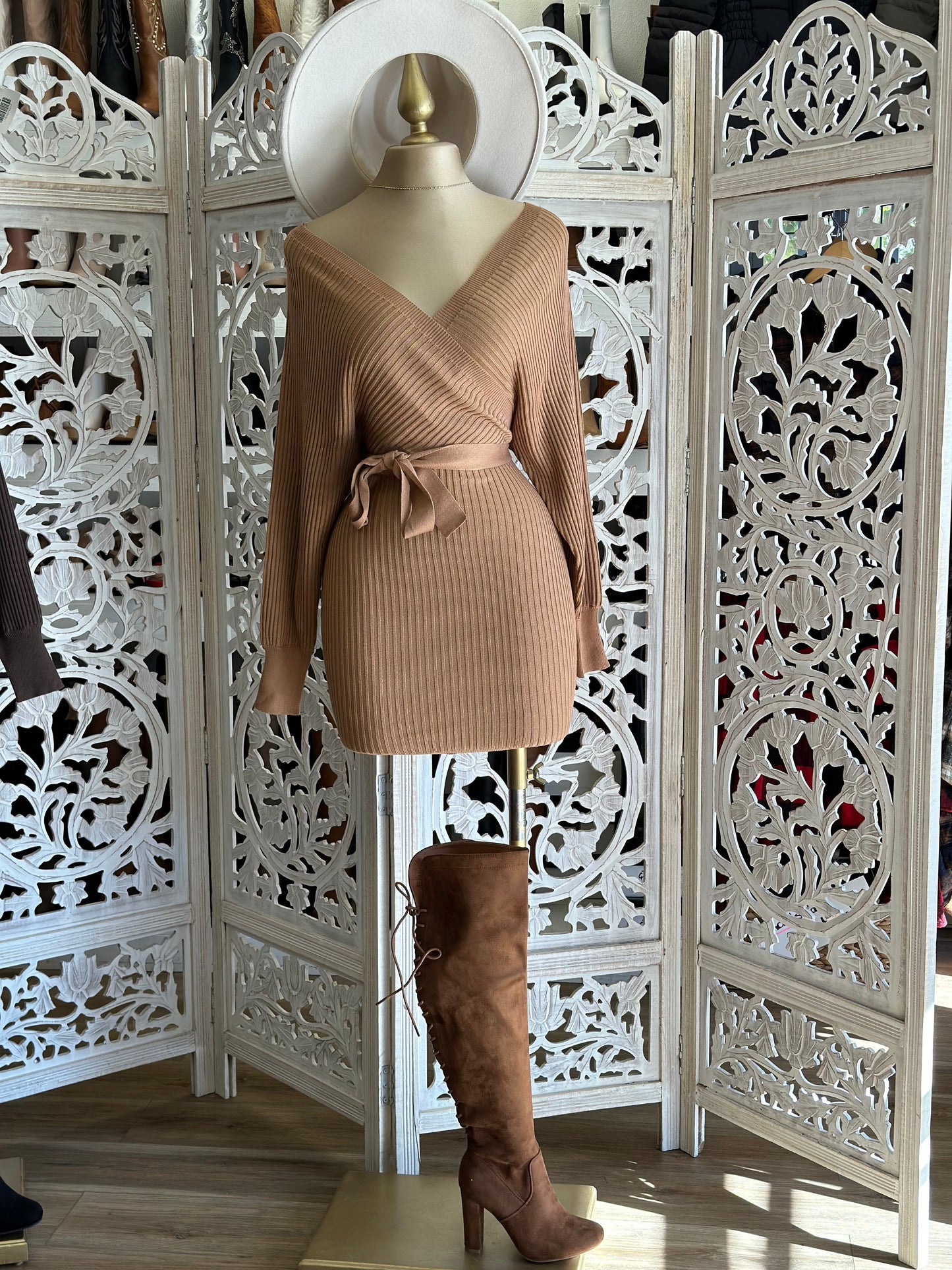 Camel Brown Wrapped Sweater Dress with Belt