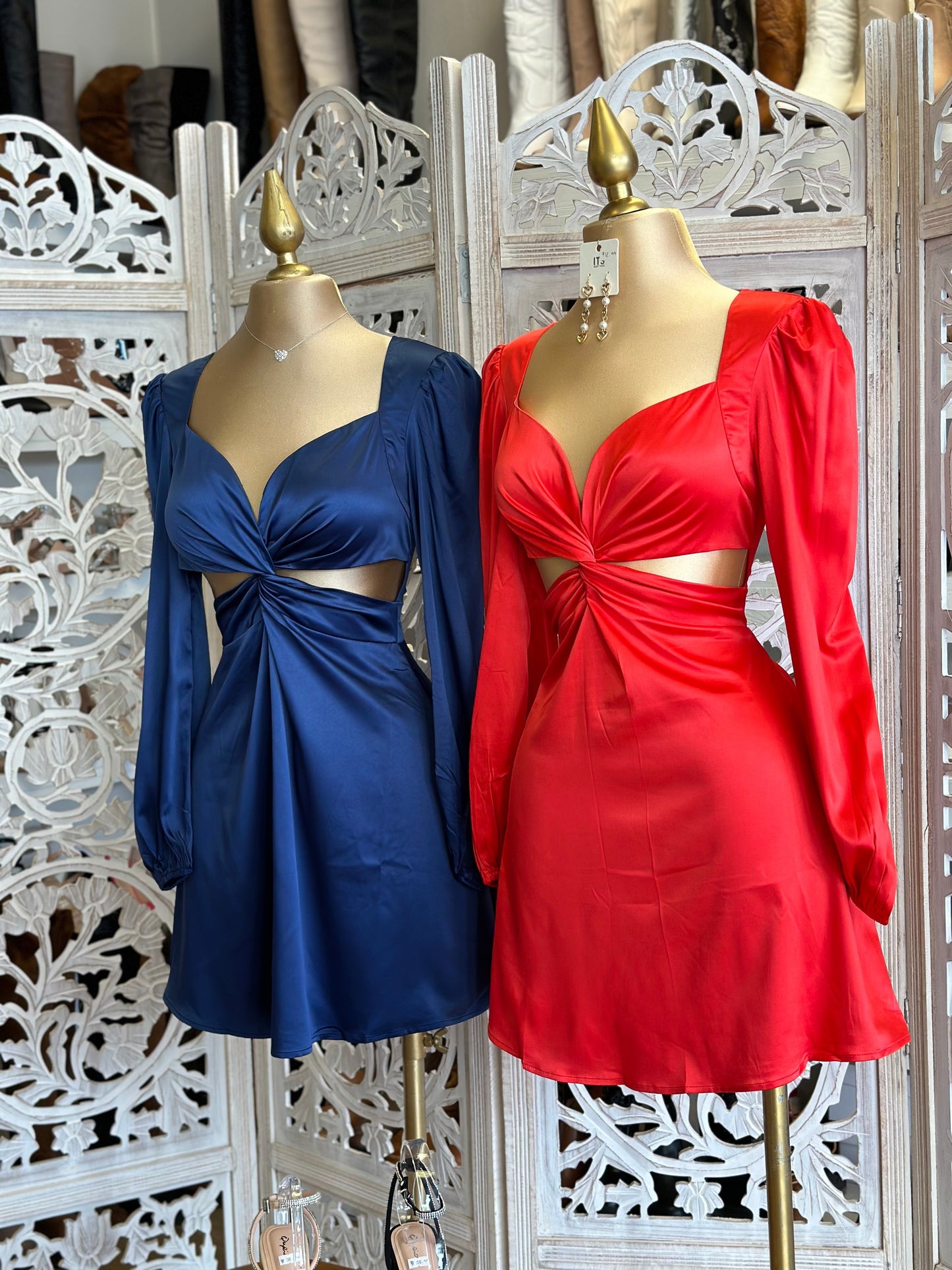 Satin Cutout Knotted Dress- Slightly Stretchy