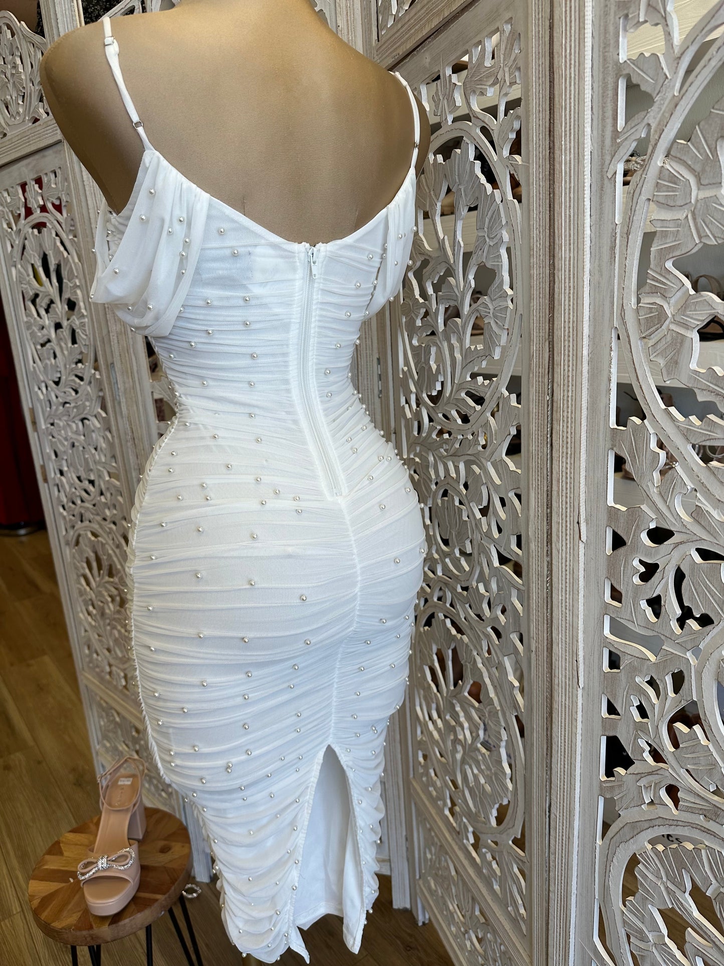 White Pearl Heart Lined Midi Dress- Stretchy