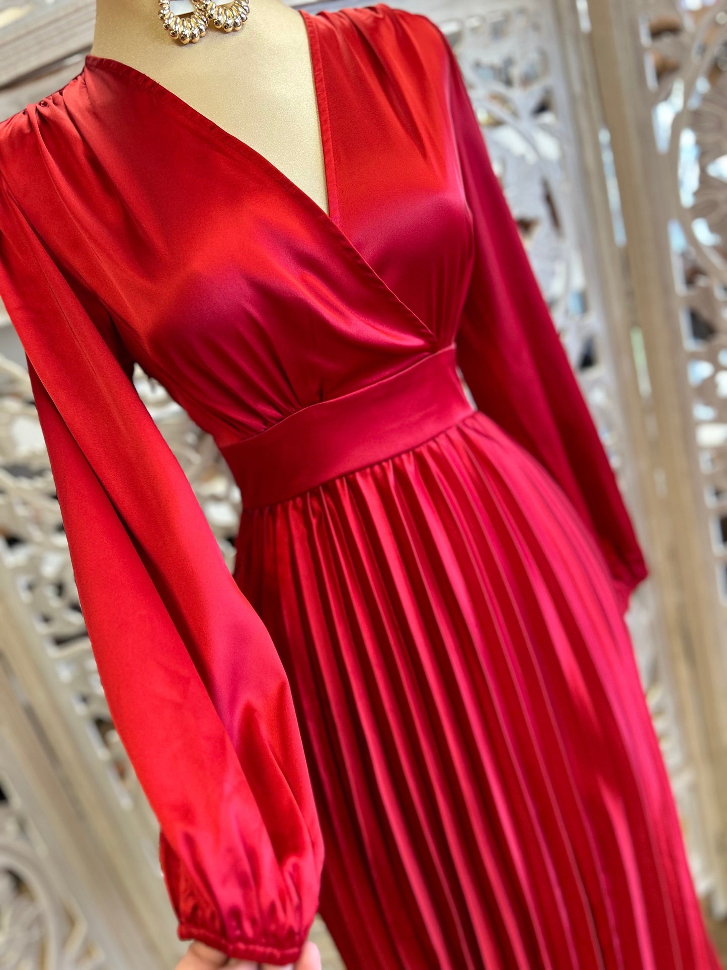 Red Satin Wrapped Pleated Dress- Not Stretchy