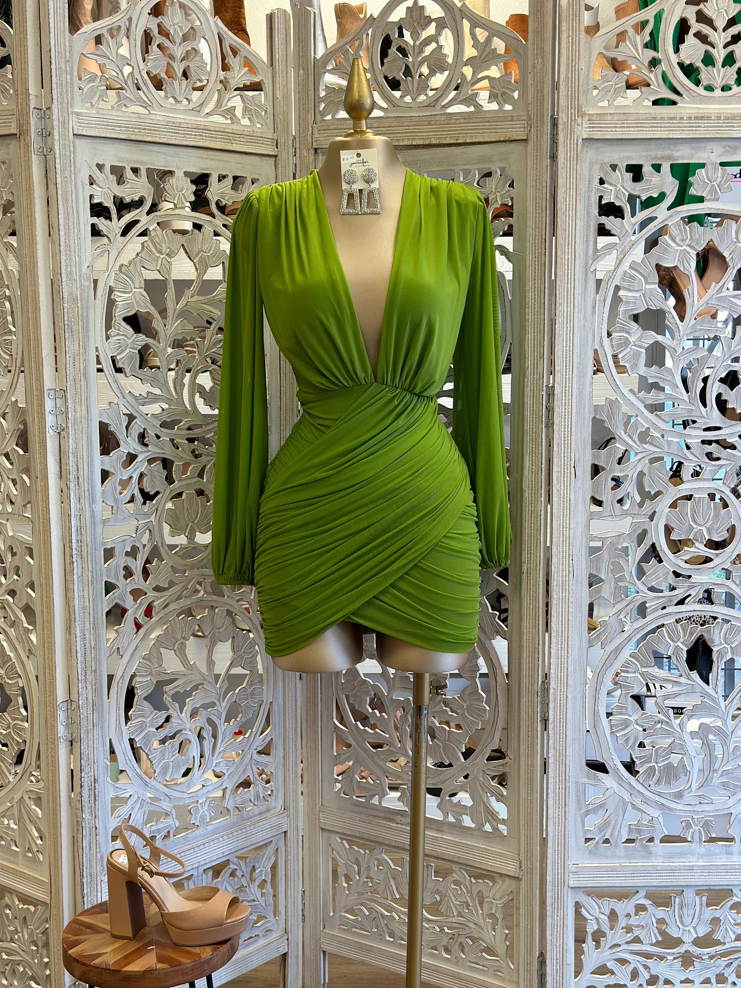 Grass Green Deep V Mini Wrapped Dress