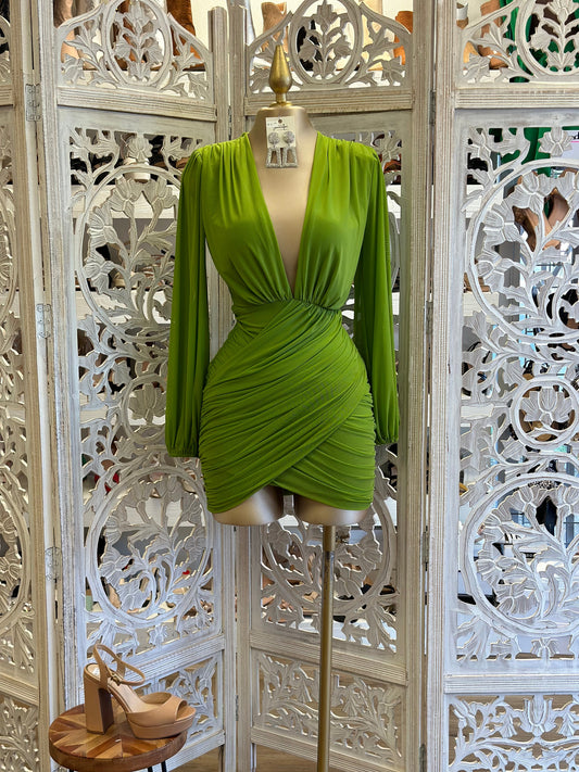 Grass Green Deep V Mini Wrapped Dress