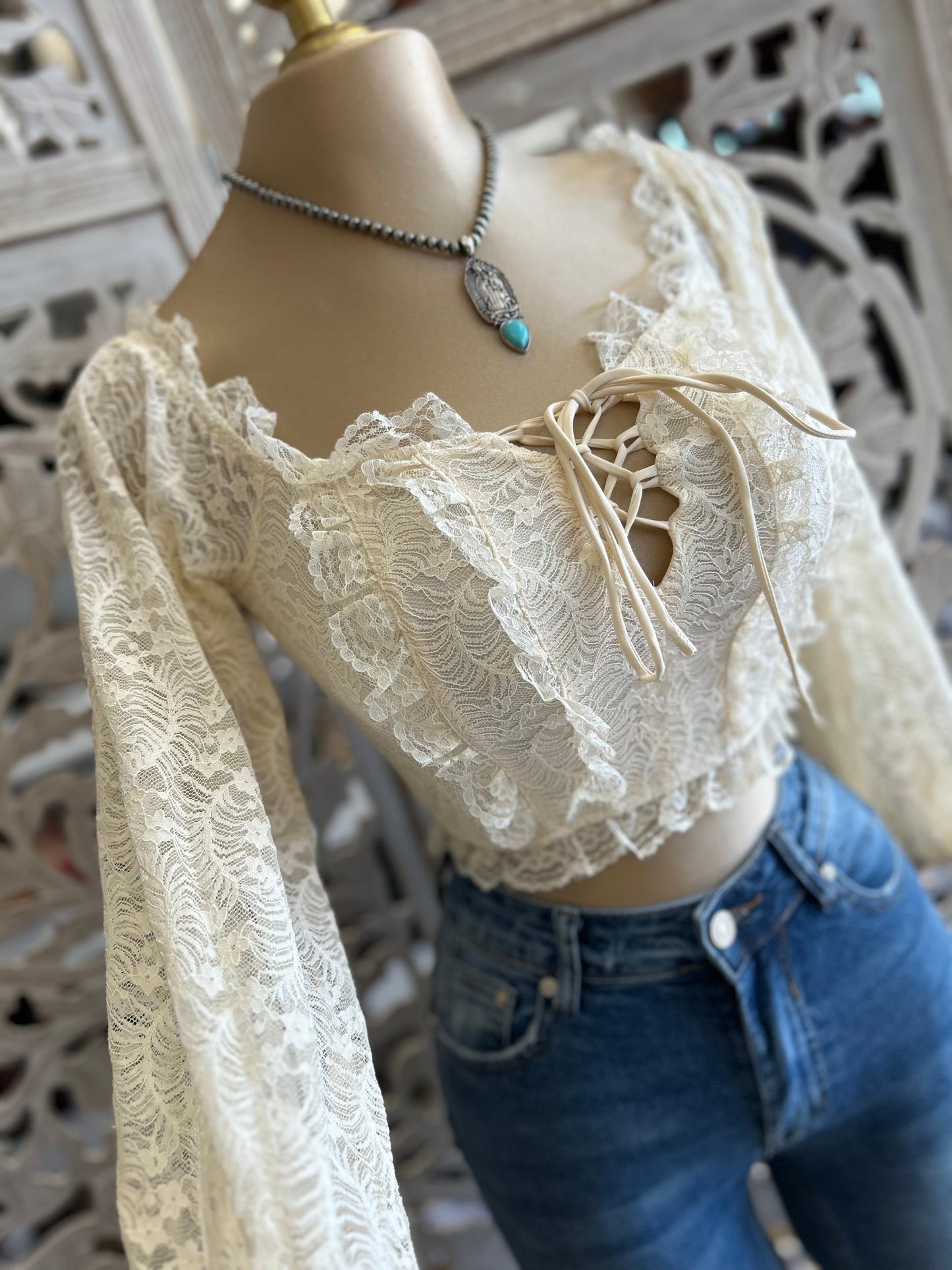 Cream Lace Tie Up Off Shoulder Crop