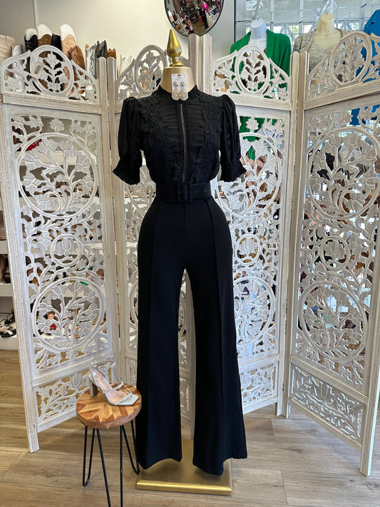 Black Lace Belted Jumpsuit