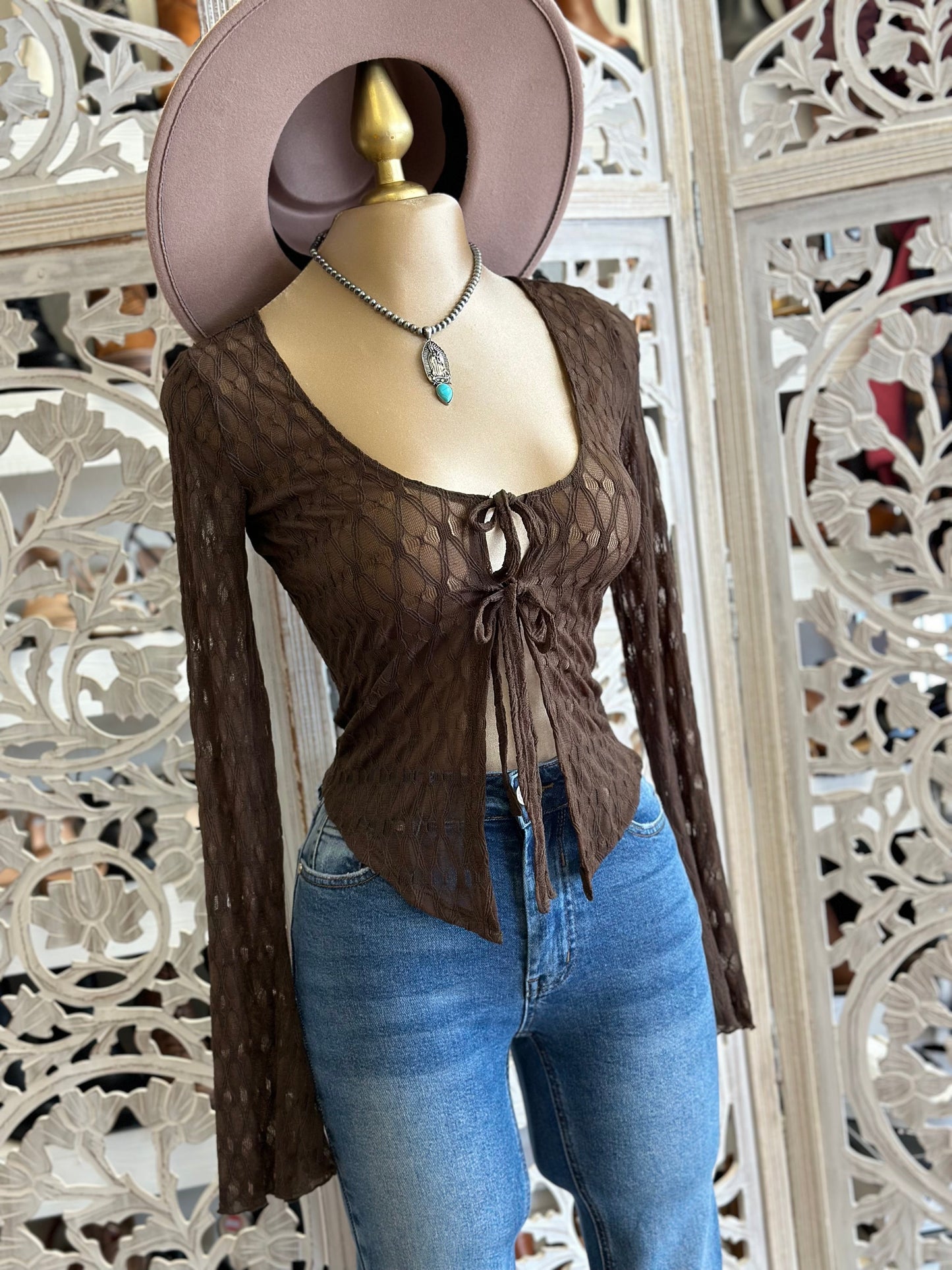 Brown Tie Front Textured Top- Stretchy