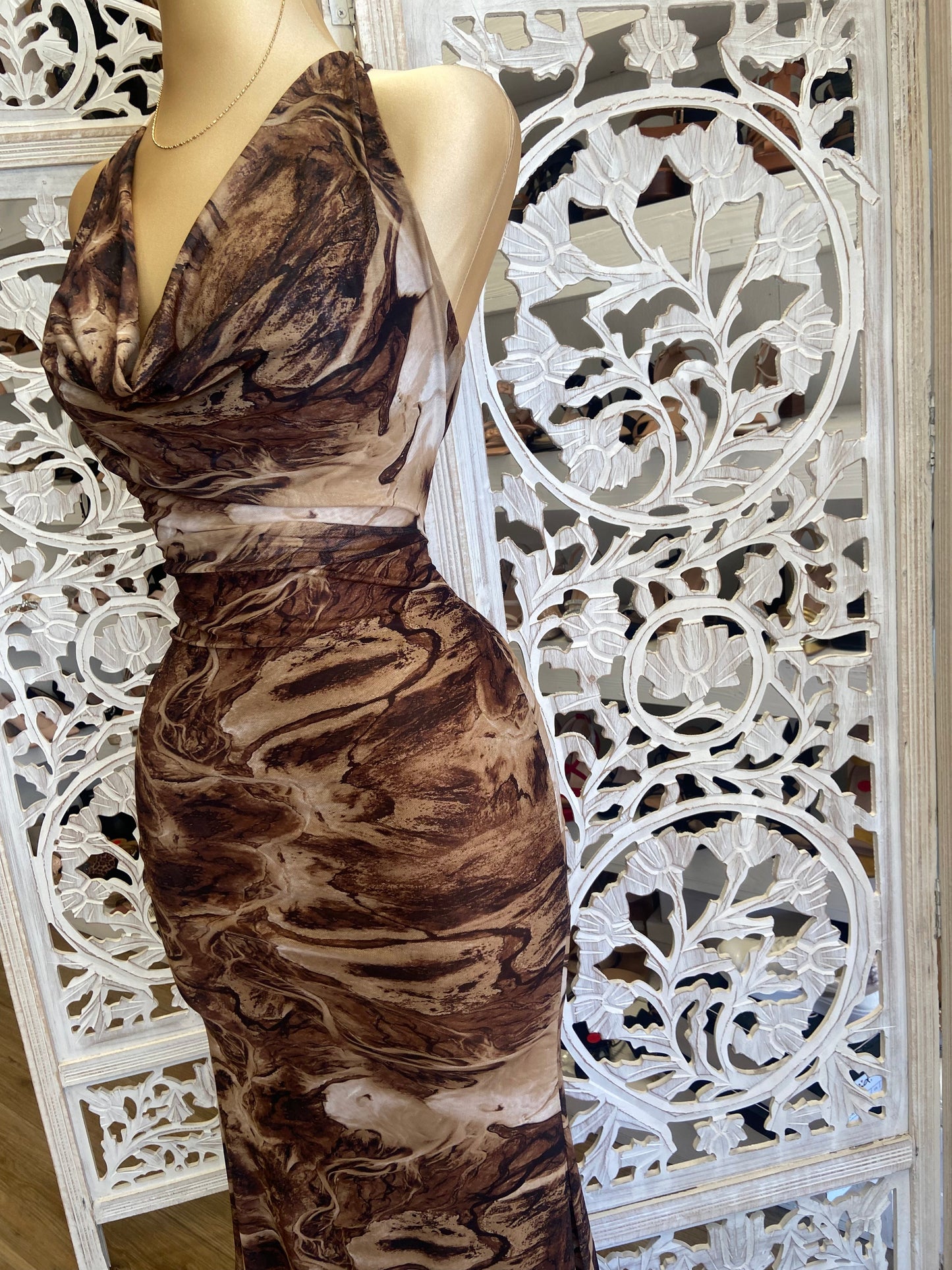 Tie Dye Cowl Neck Brown Dress