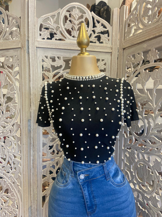 Pearl Detail Short Sleeve Top