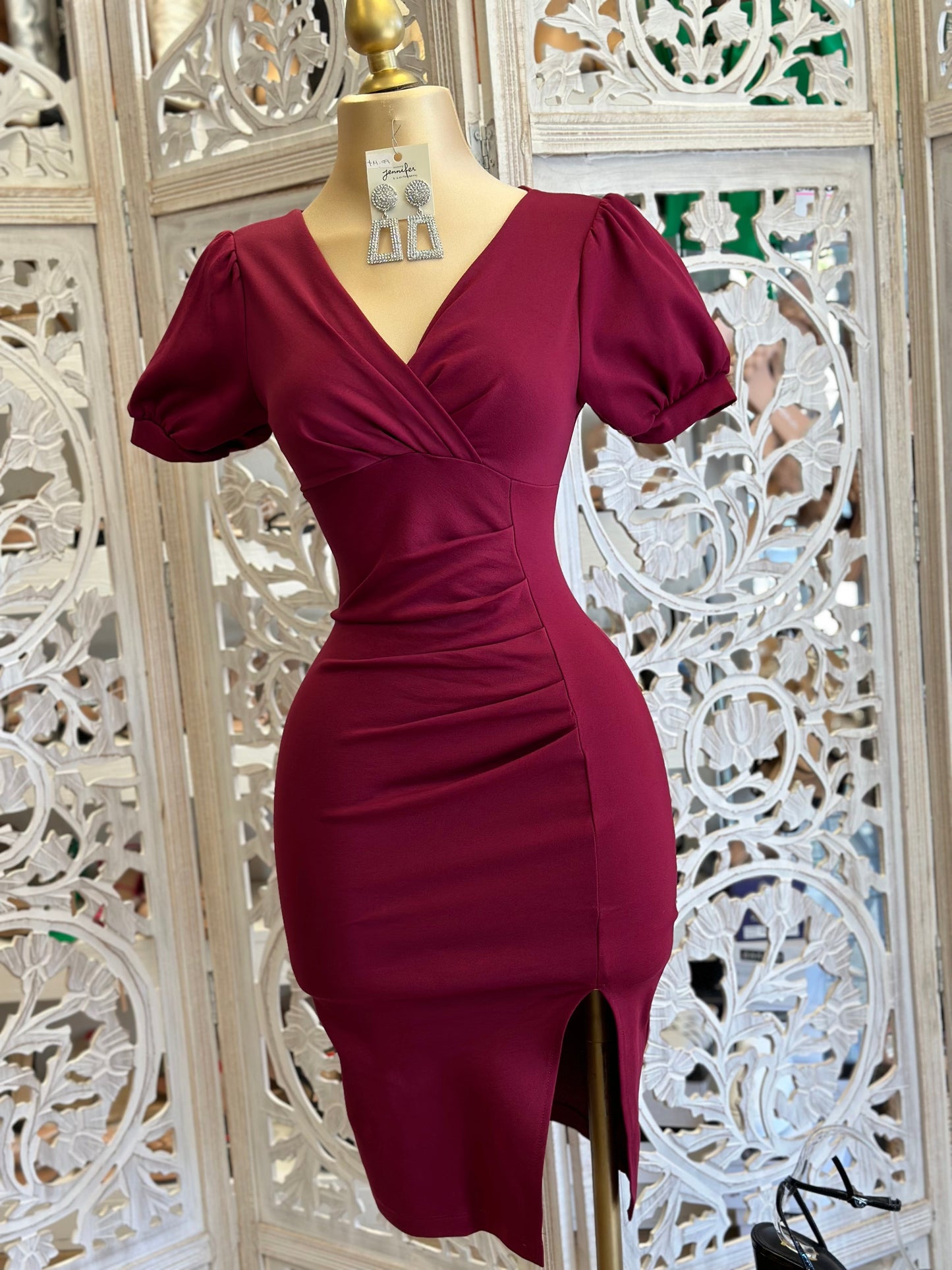 Wine Puff Sleeve Cross Front Dress