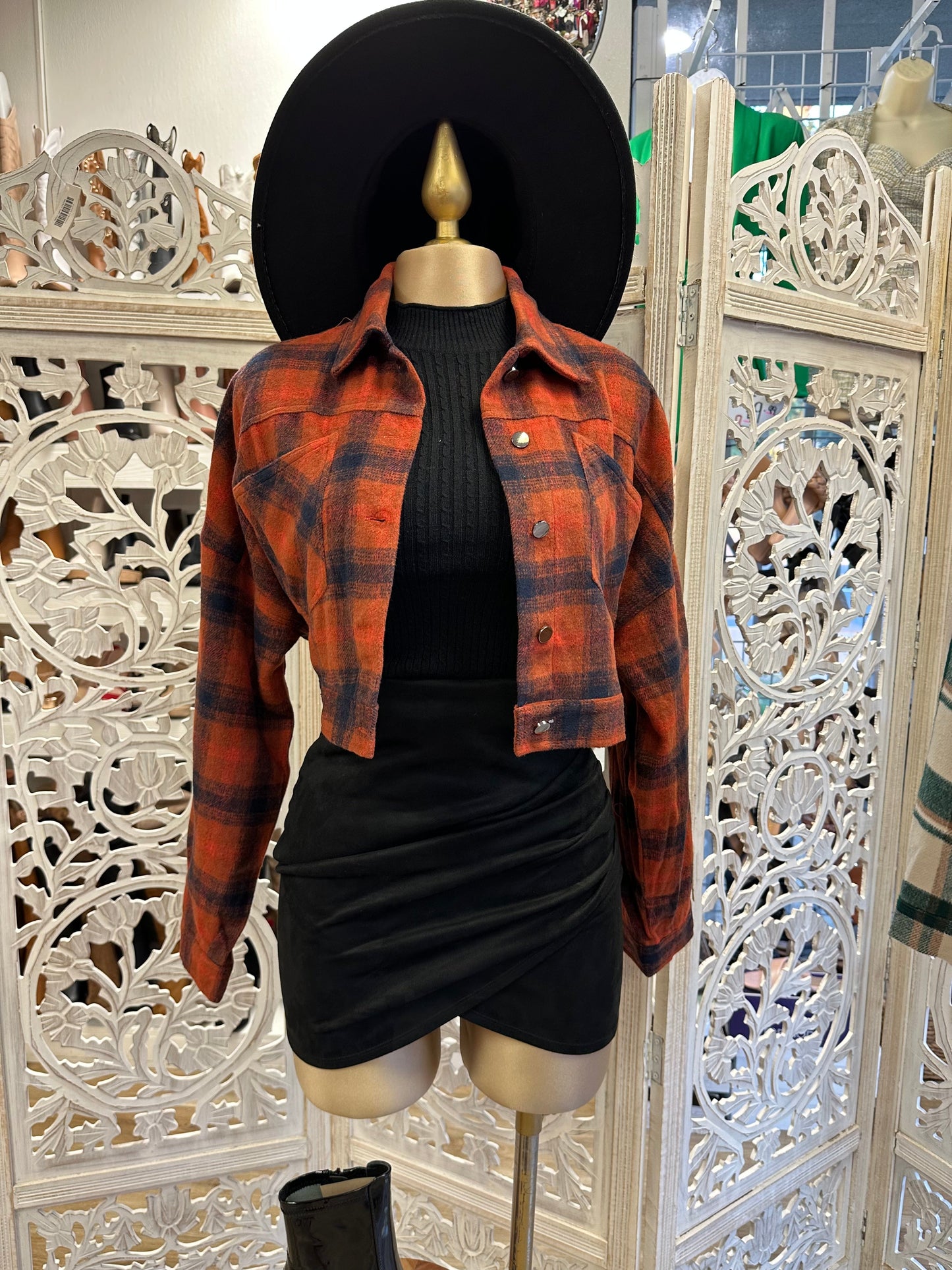 Cognac Cropped Plaid Jacket