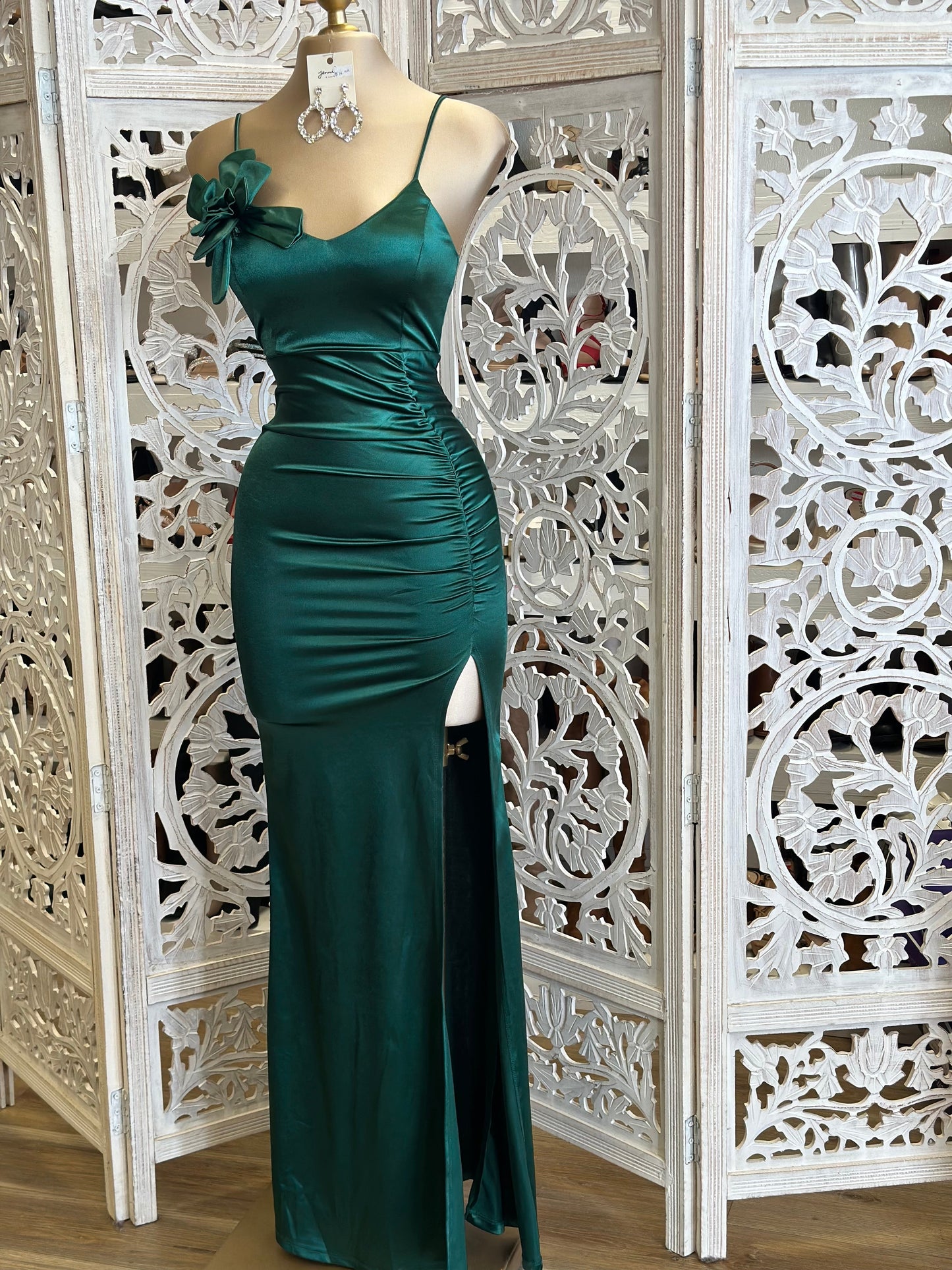 Dark Green Formal Flower Detail Dress- Stretchy