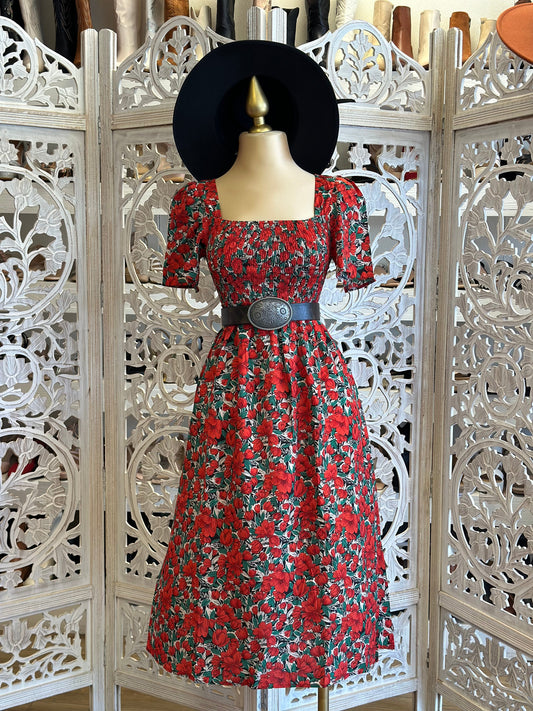 Red Floral Square Neck Dress- Stretchy