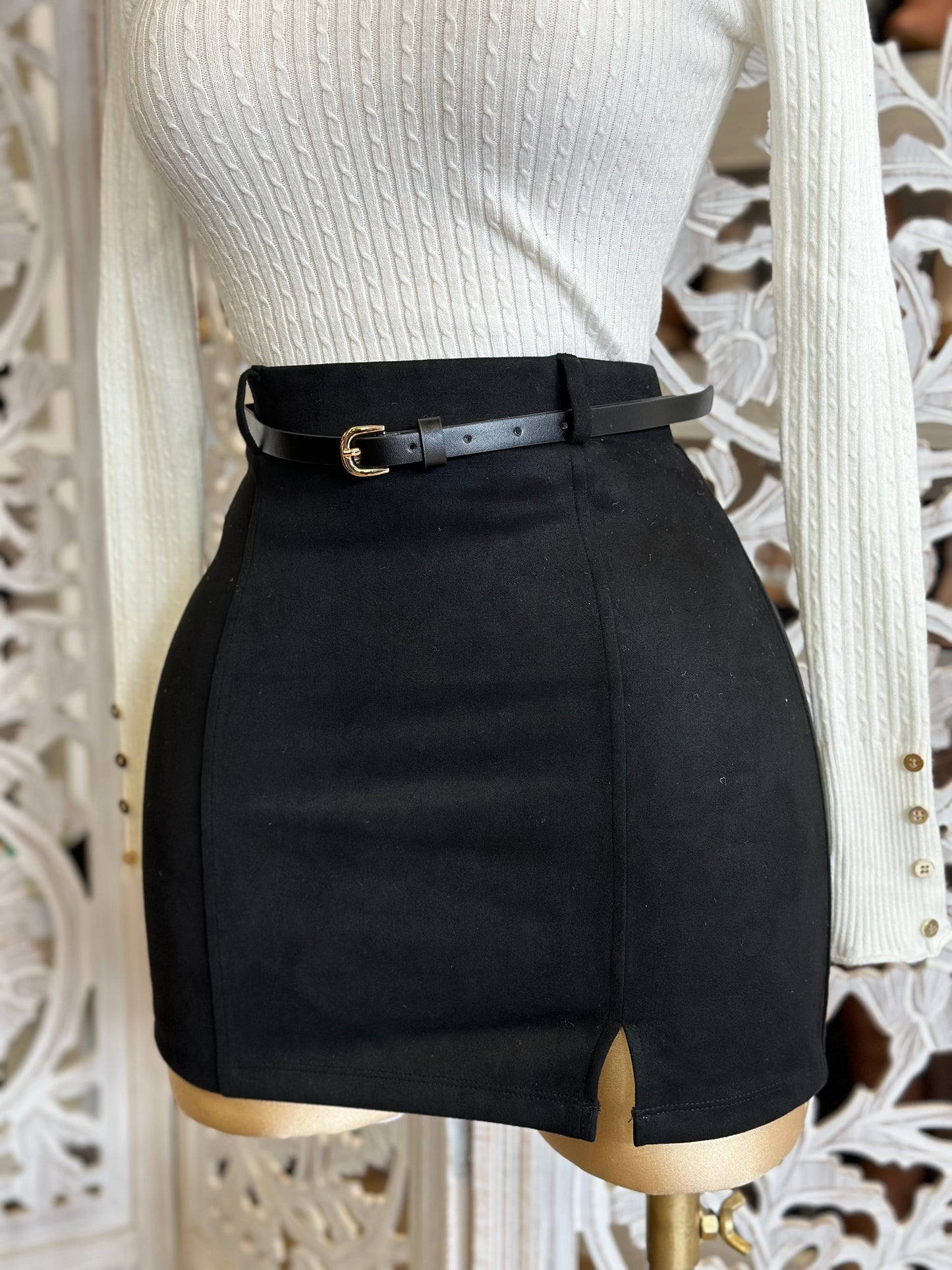 Black Suede Mini Skirt with Belt