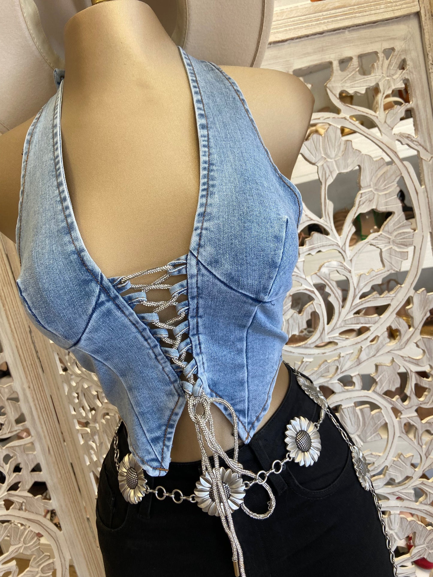 Denim Rhinestone Tie Up Top