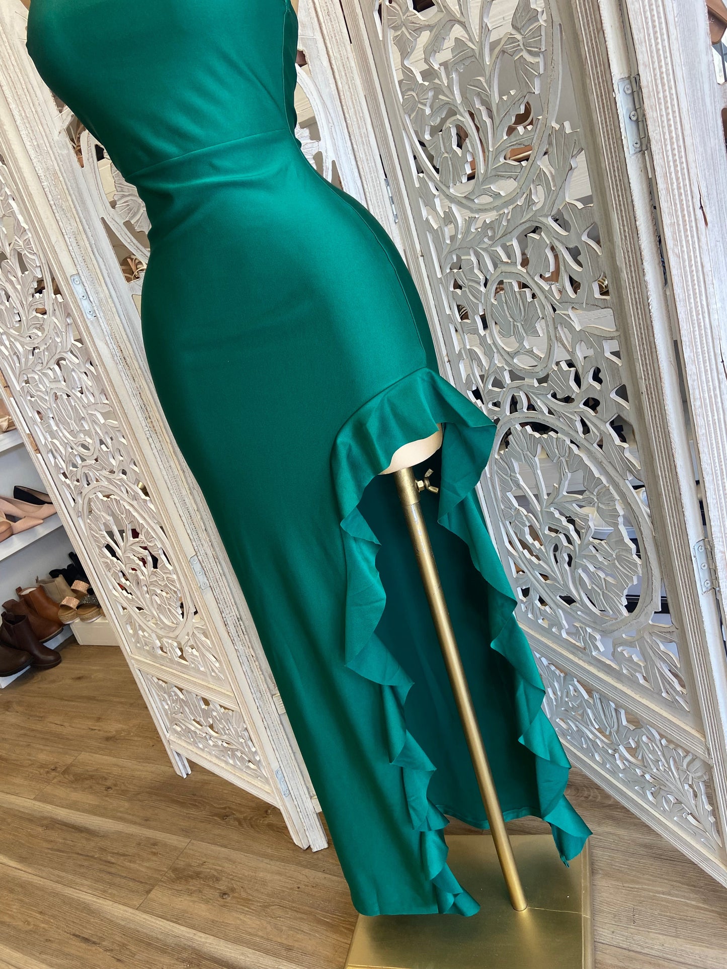 Emerald Ruffled Mock Neck Dress