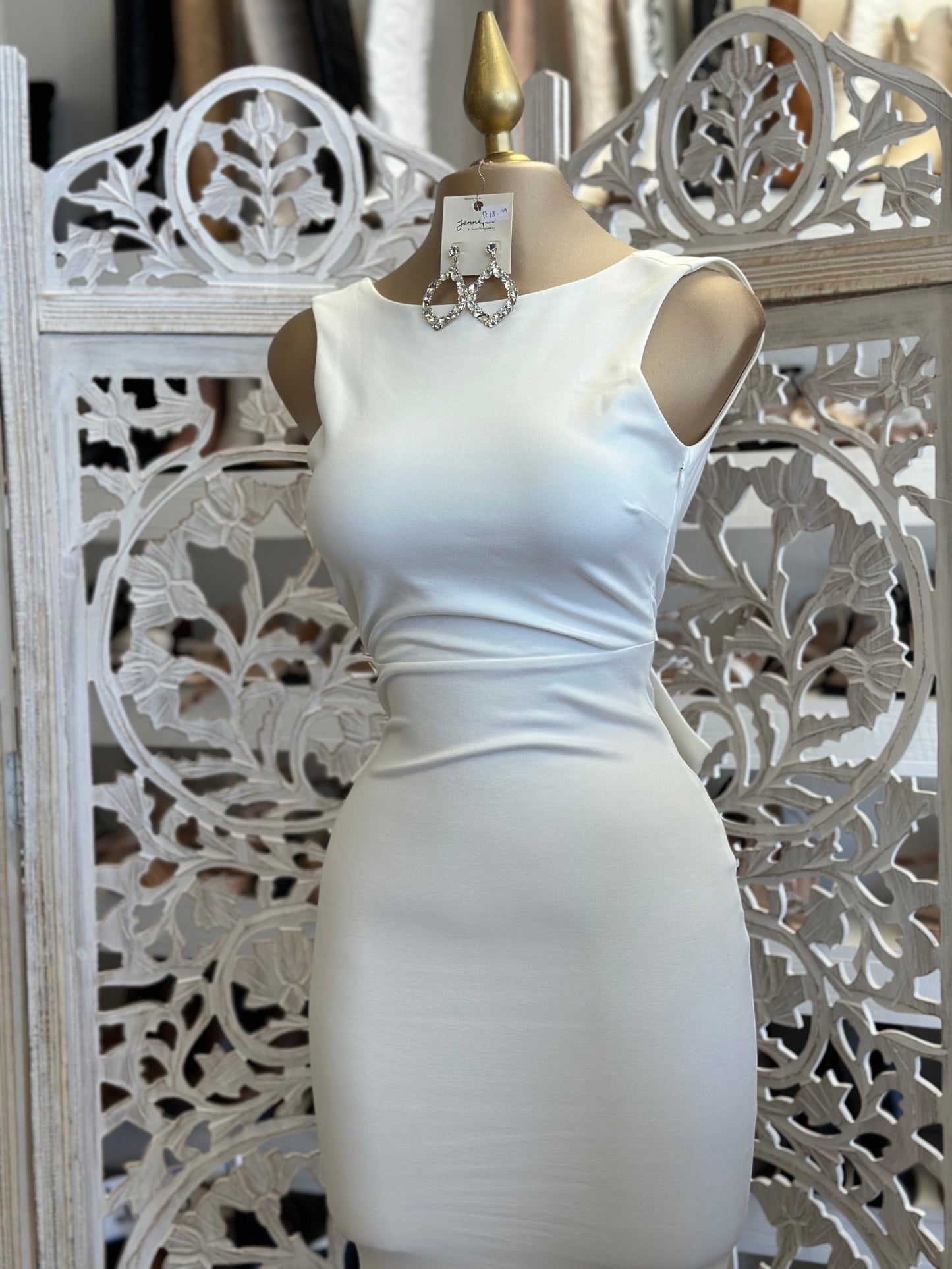 White Deep Scoop Back Bow Dress-Stretchy