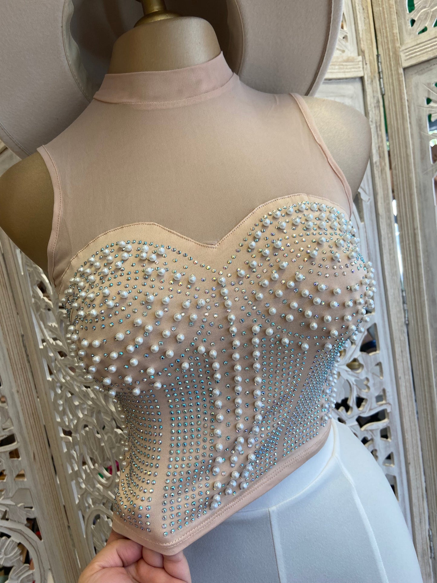 Nude Corset Mesh Pearl Detail Top