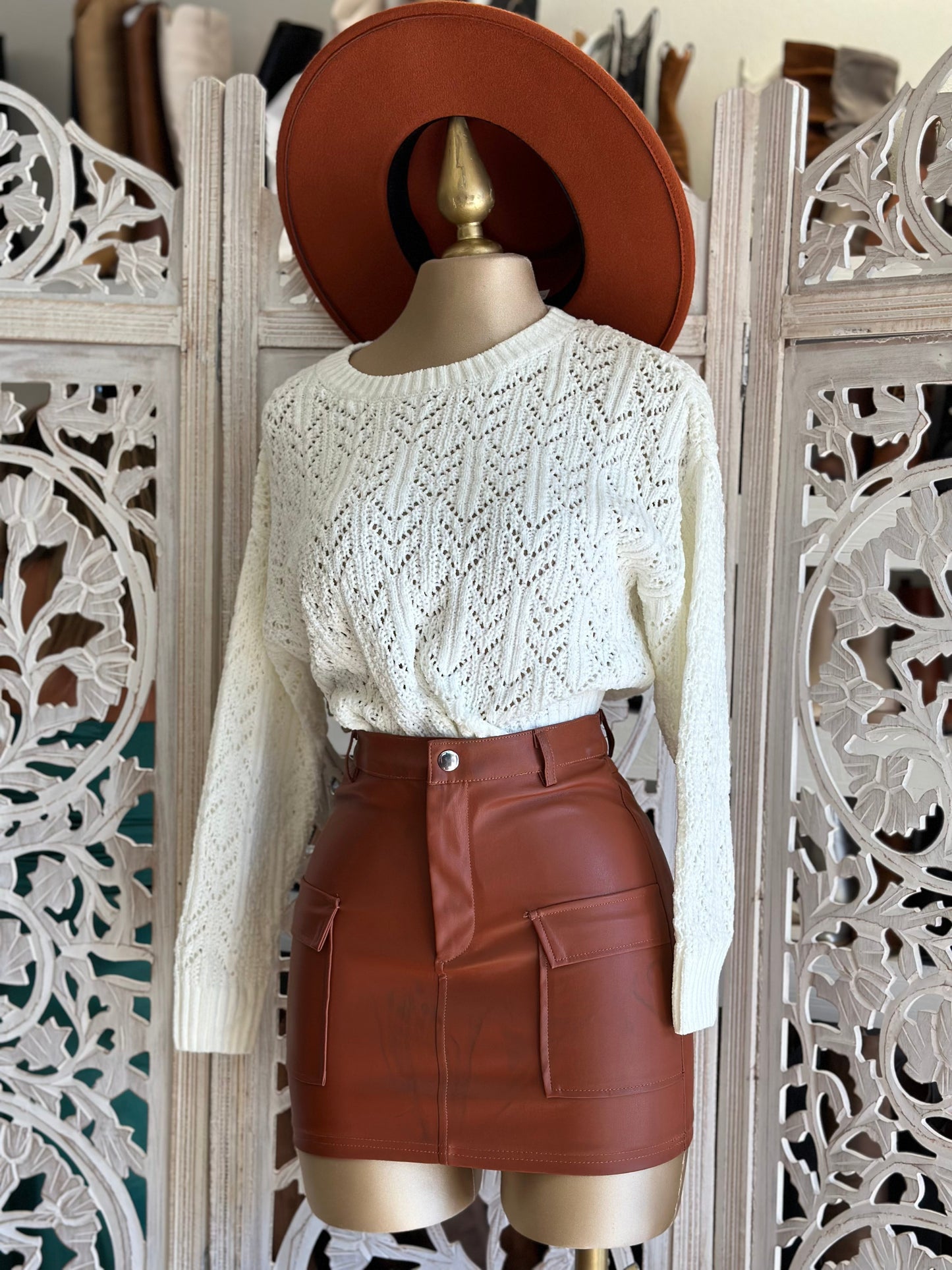 Brown Faux Leather Skirt with Pockets