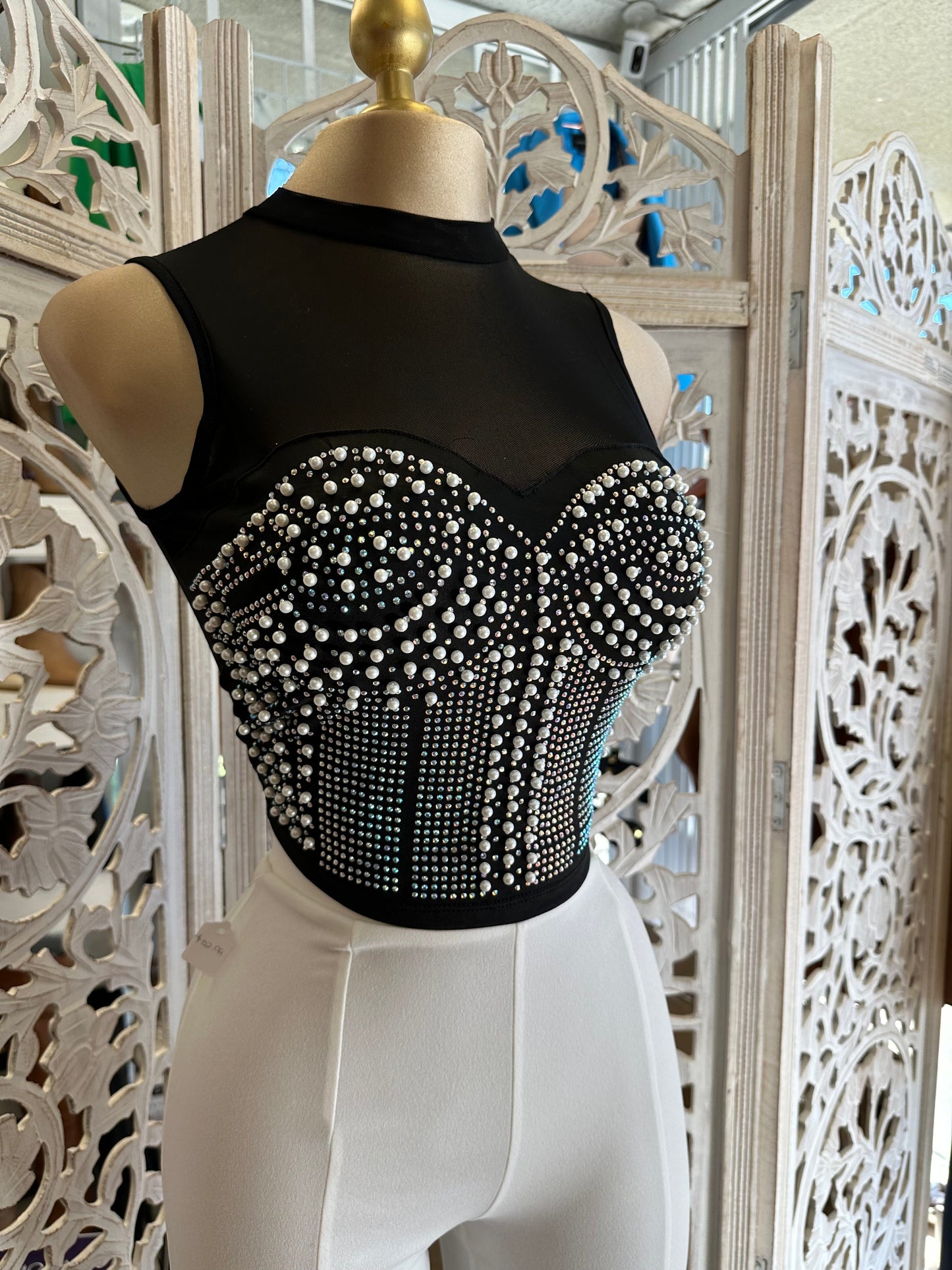 Corset Mesh Pearl Detail Top