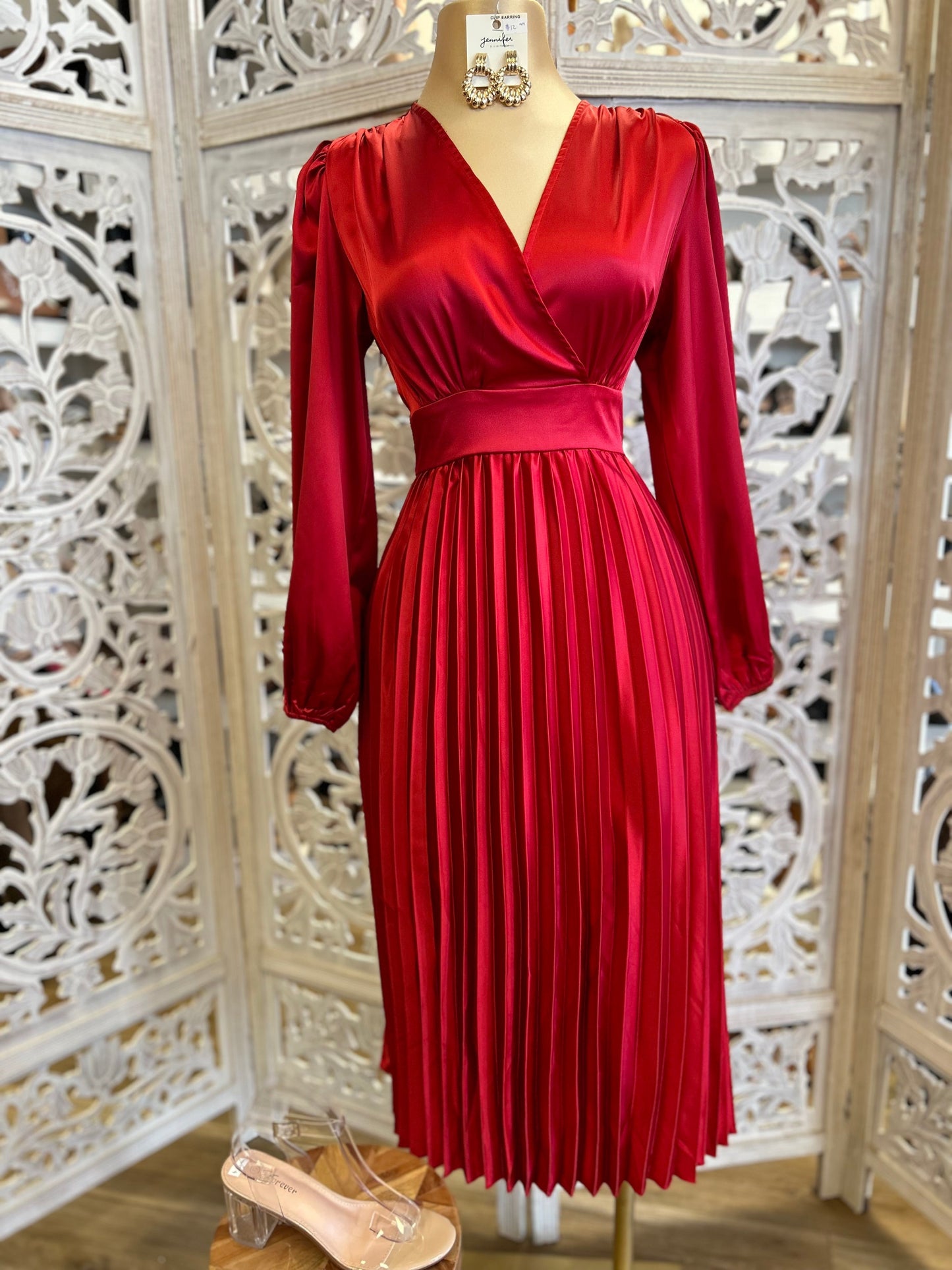 Red Satin Wrapped Pleated Dress- Not Stretchy