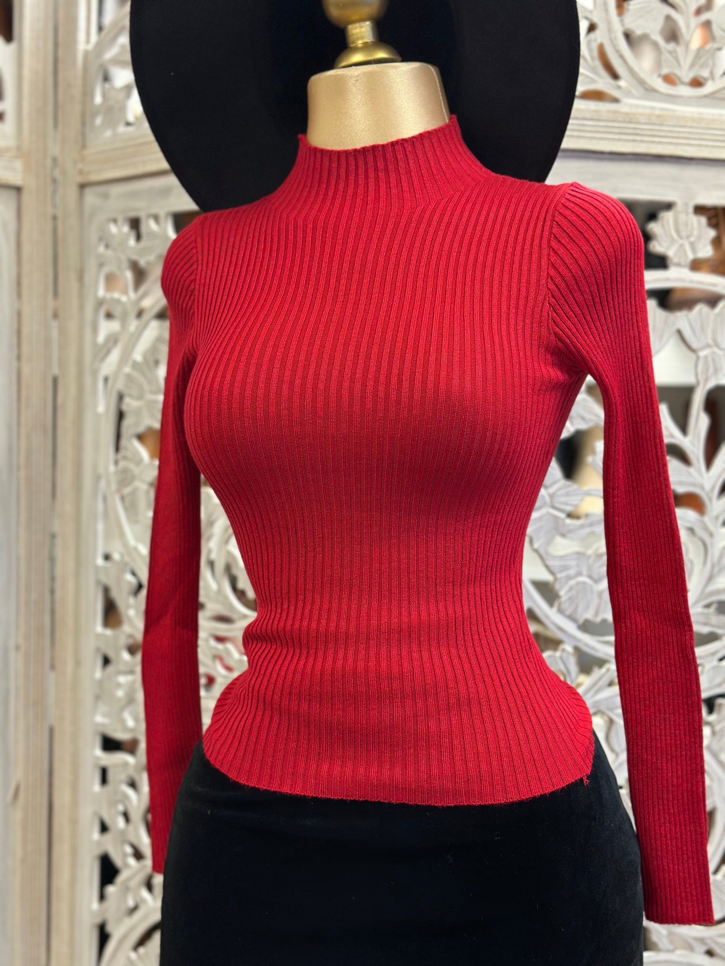 Red Ribbed Mock Neck Blouse