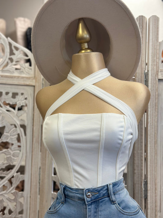 White Cross Front Corset Top- Stretchy