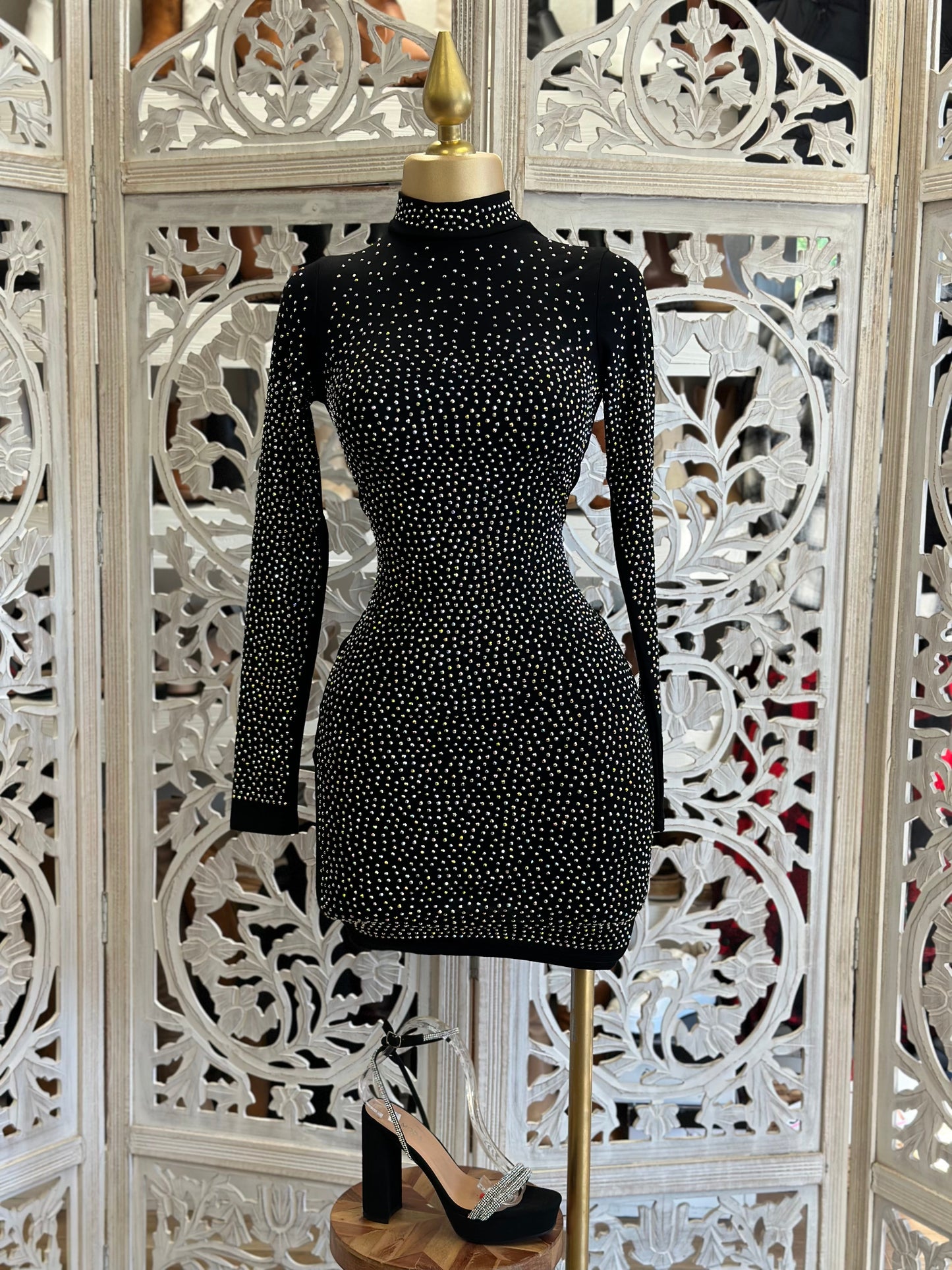 Black Rhinestone Mock Neck Mini Dress