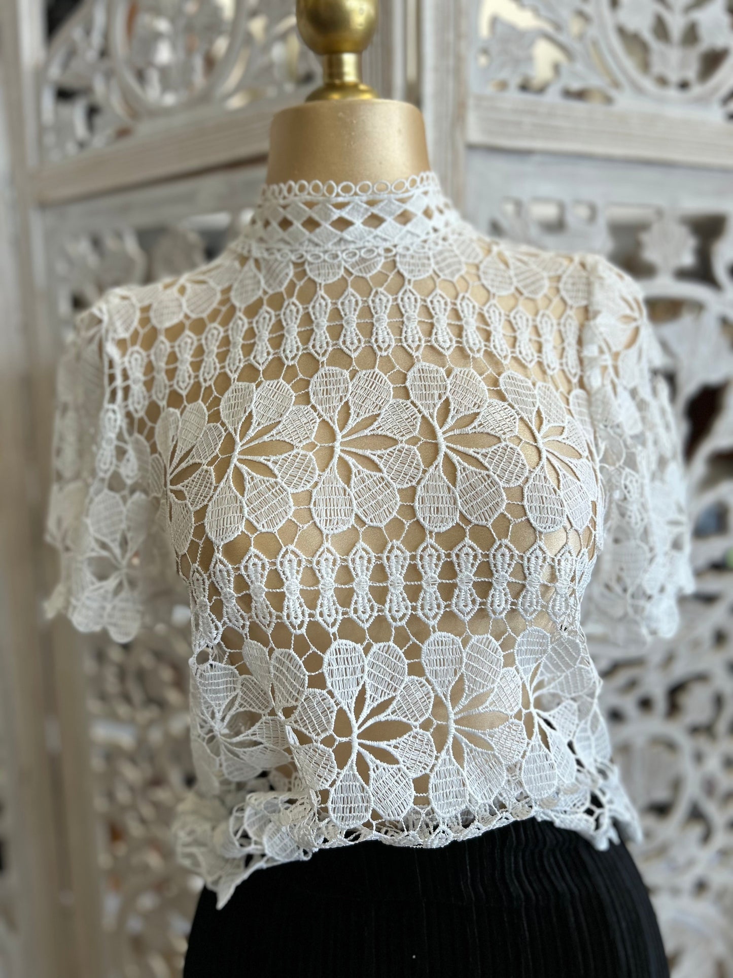 Cream Mock Neck Crochet Blouse