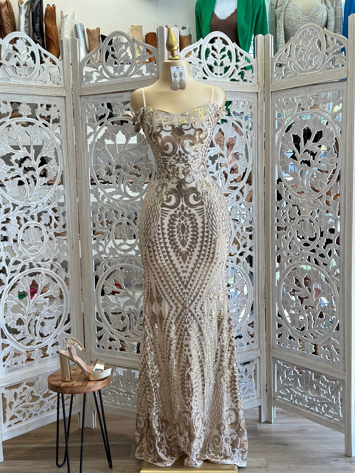 Gold and White Sequin Design Gown