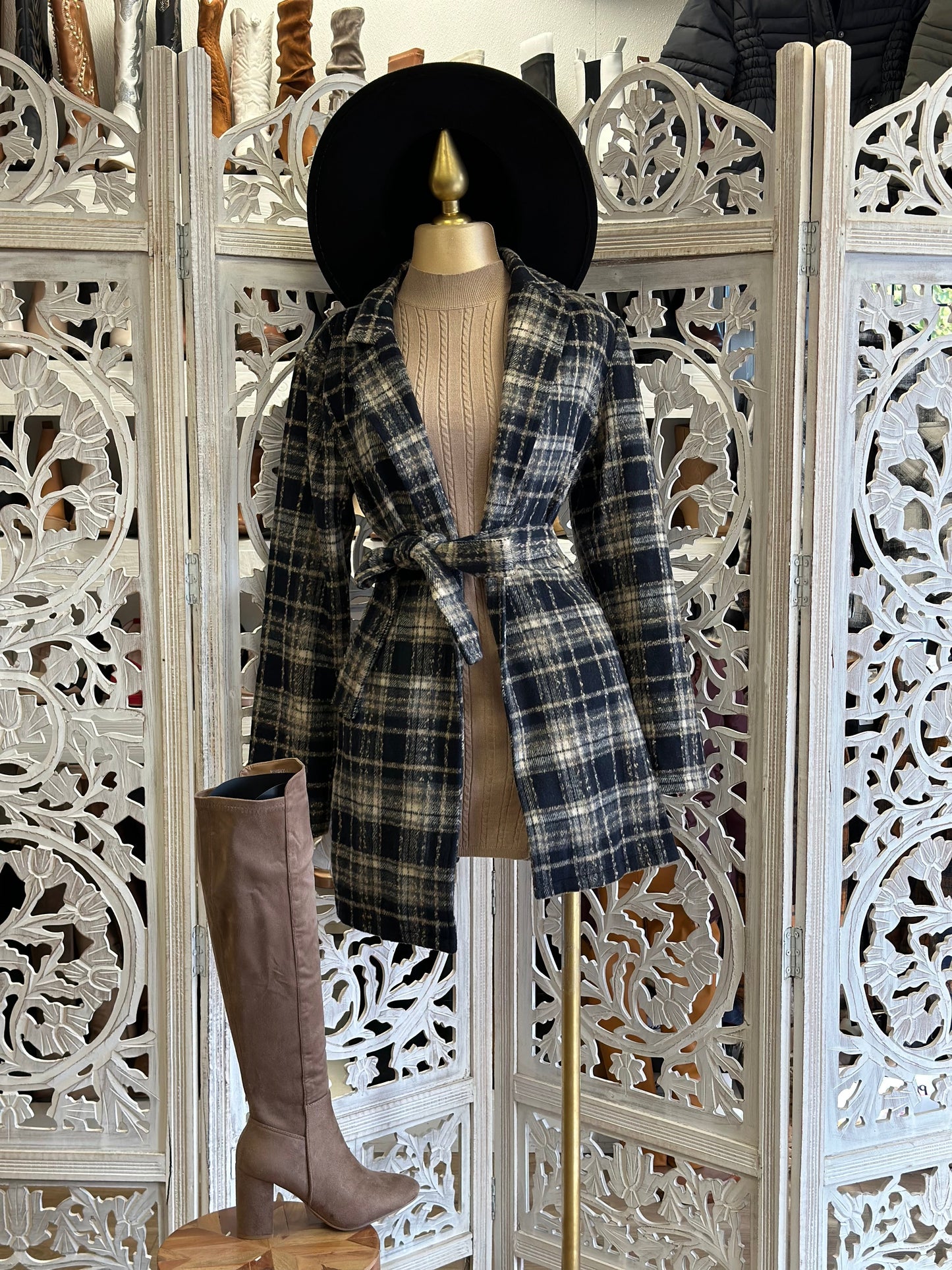 Black Plaid Mid Coat