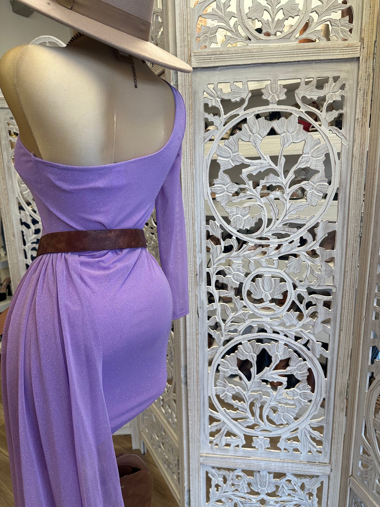 Glitter Purple Off Shoulder Tailed Dress- Stretchy