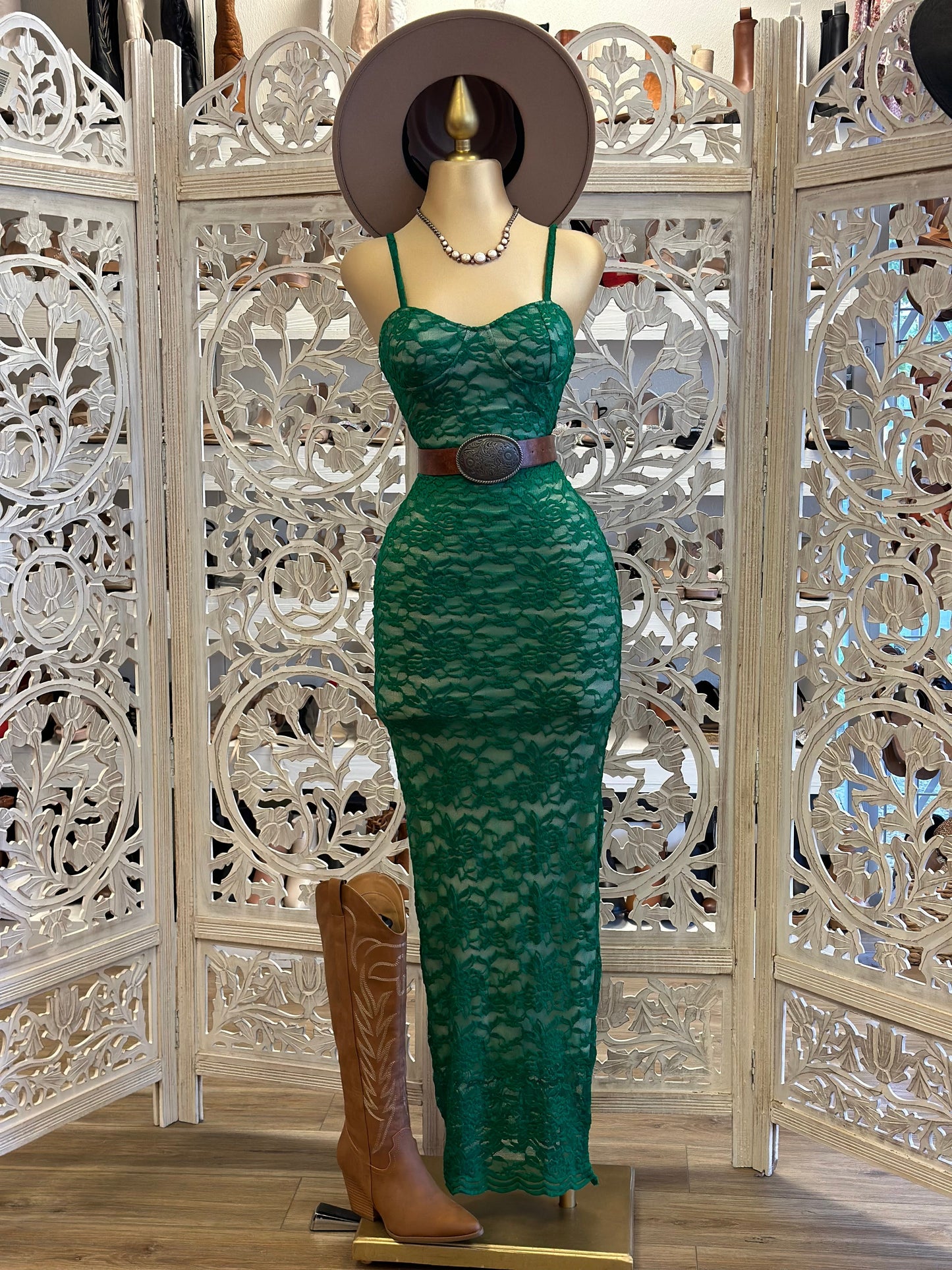 Dark Green Lace Maxi Dress- Stretchy