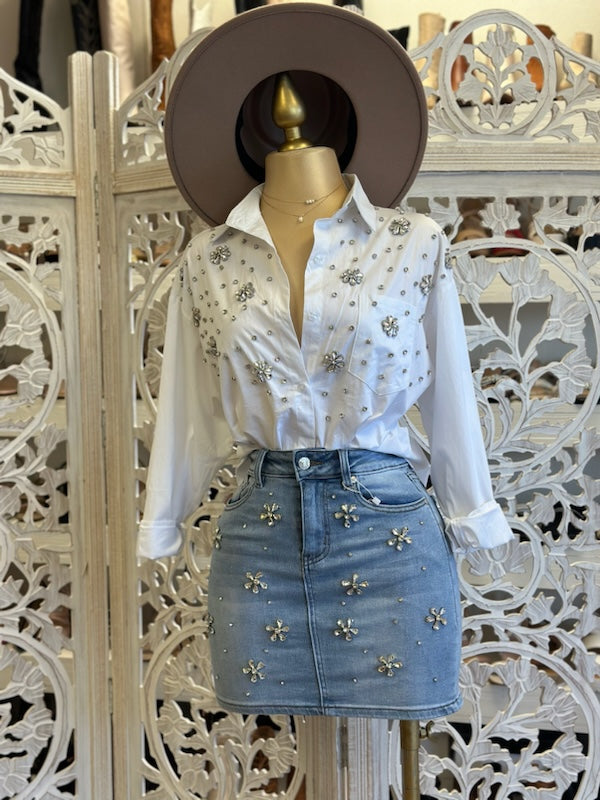 White Button Up Rhinestone Flower Blouse