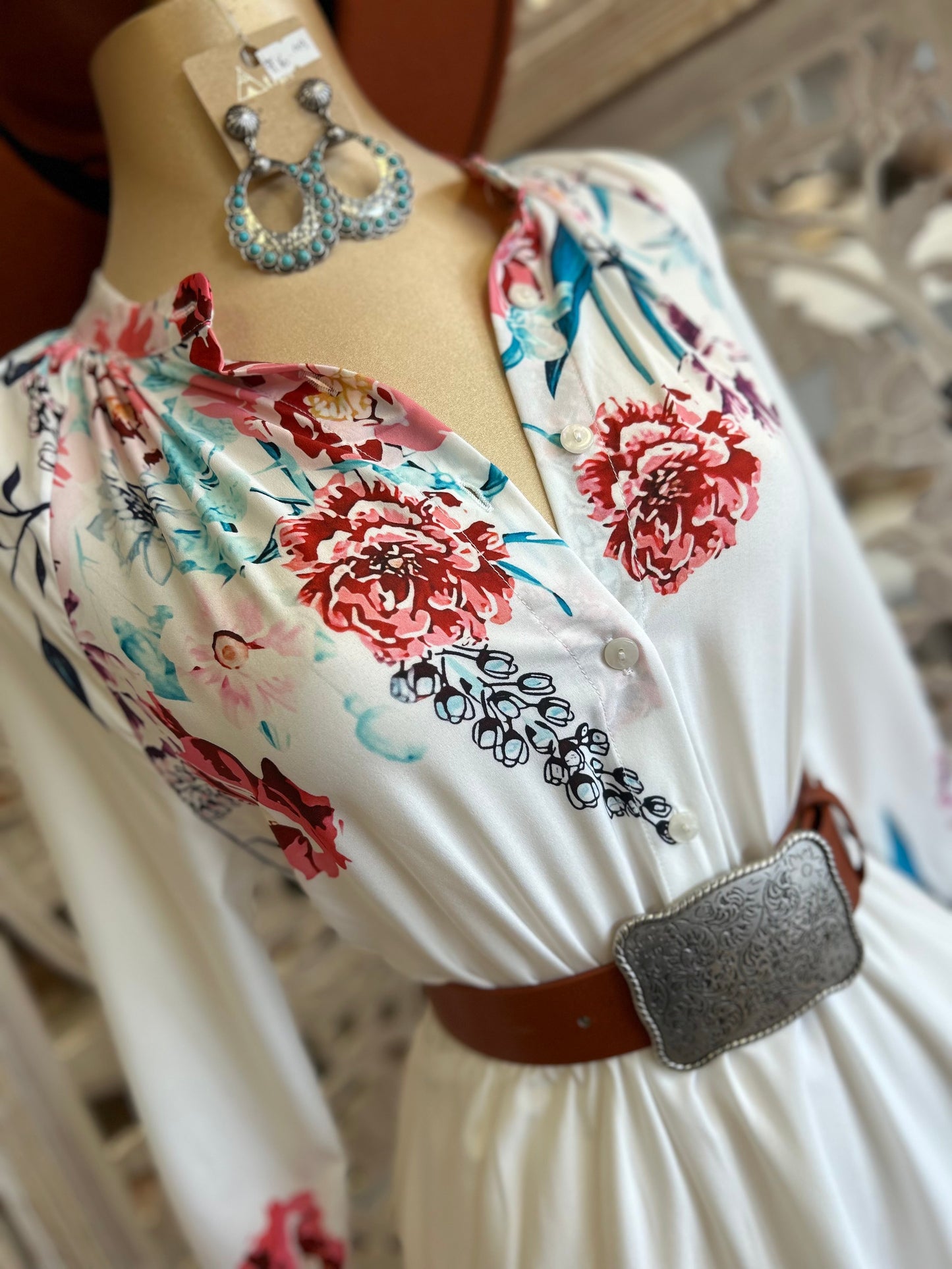 White Flower Border Midi Dress- Not Stretchy