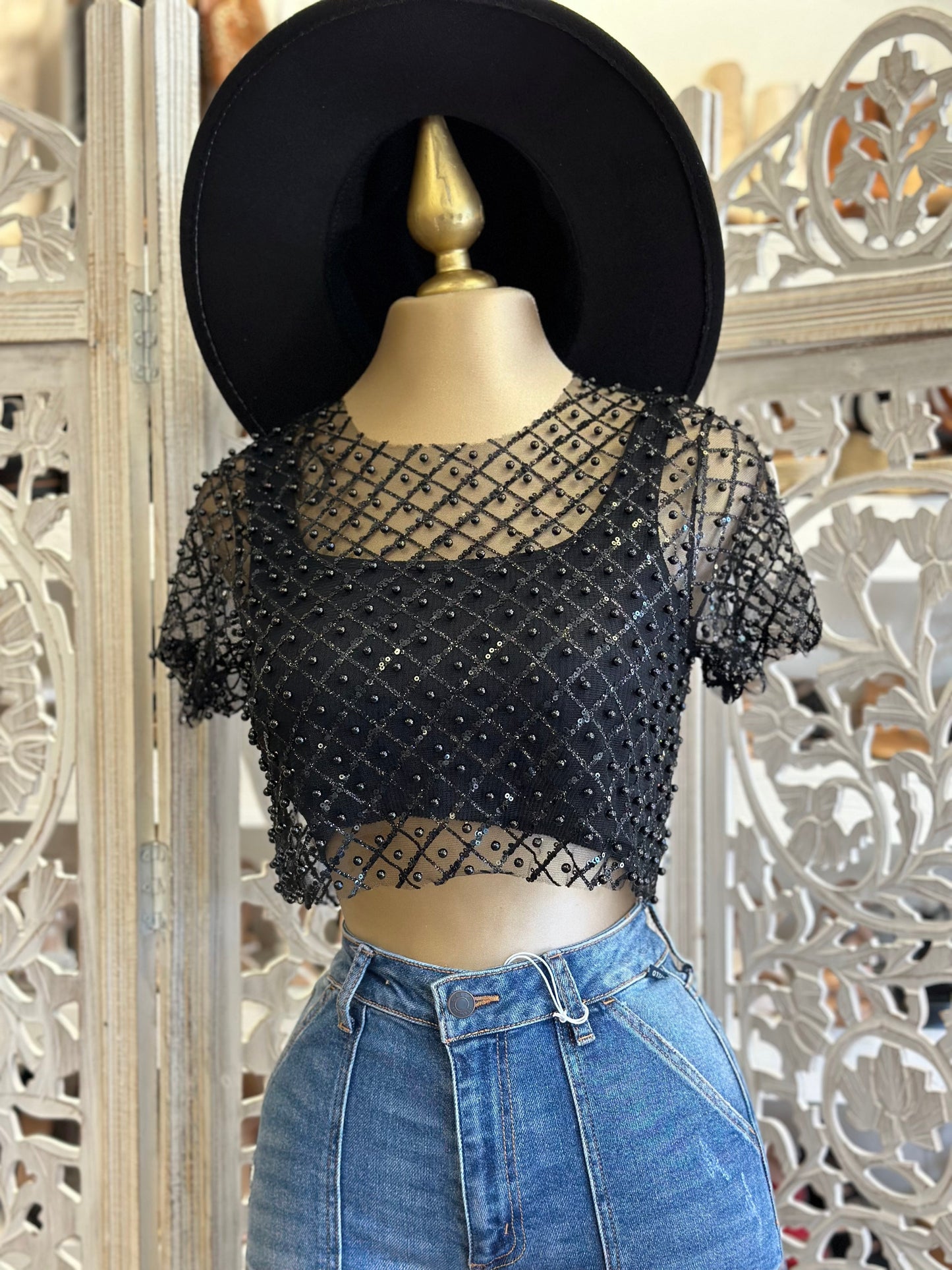 Black Mesh Rhinestone Top