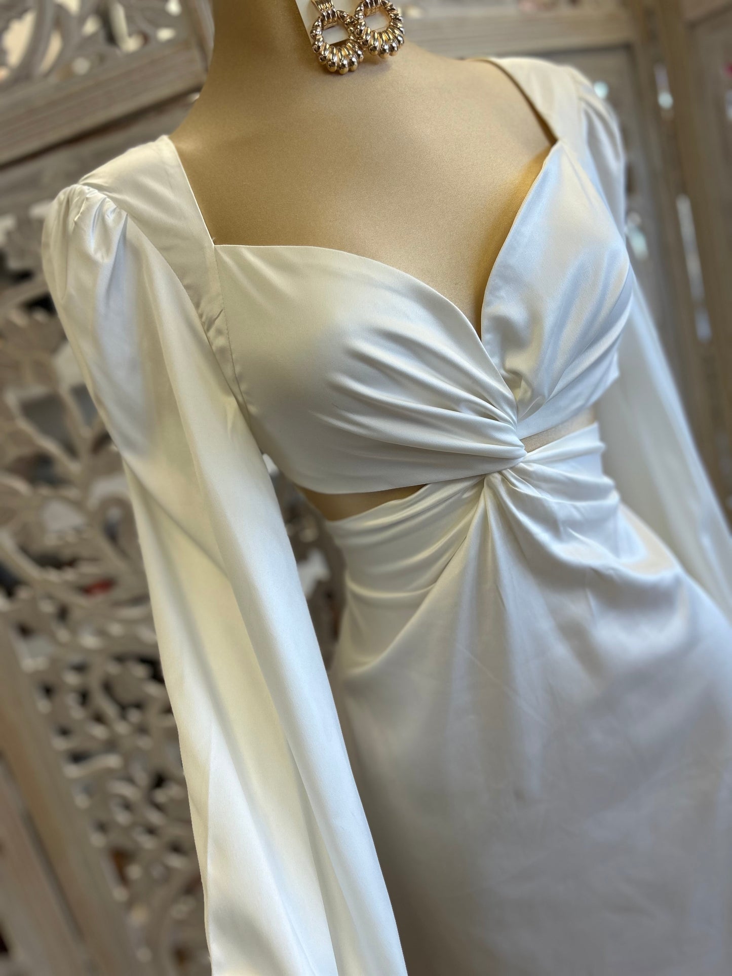 White Satin Cutout Knotted Dress- Slightly Stretchy