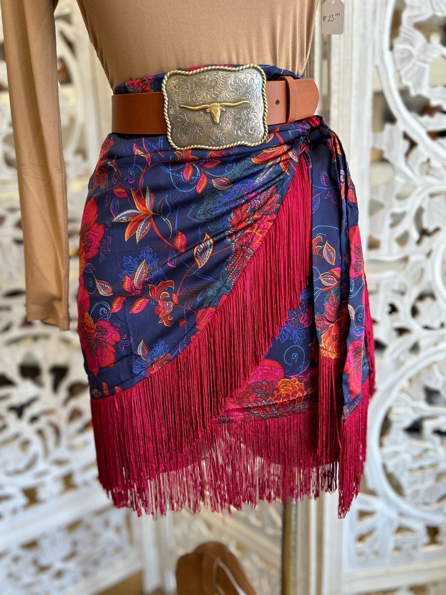 Fringe Draped Floral Skirt - Slightly Stretchy