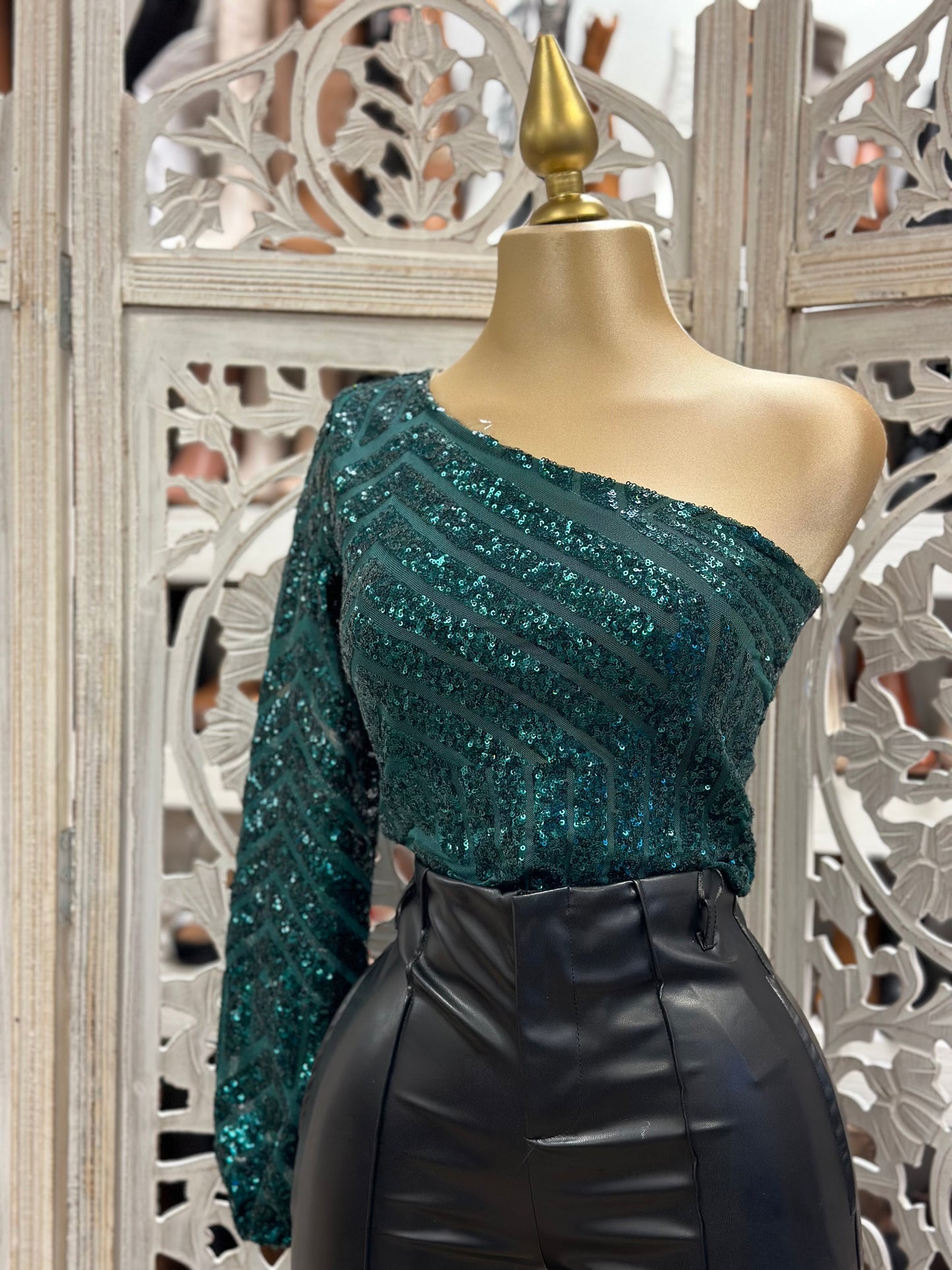 Green Sequin Assymetric One Sleeve Blouse