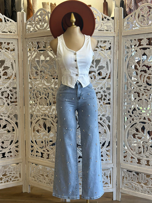 White Denim Vest Top- Slightly Stretchy