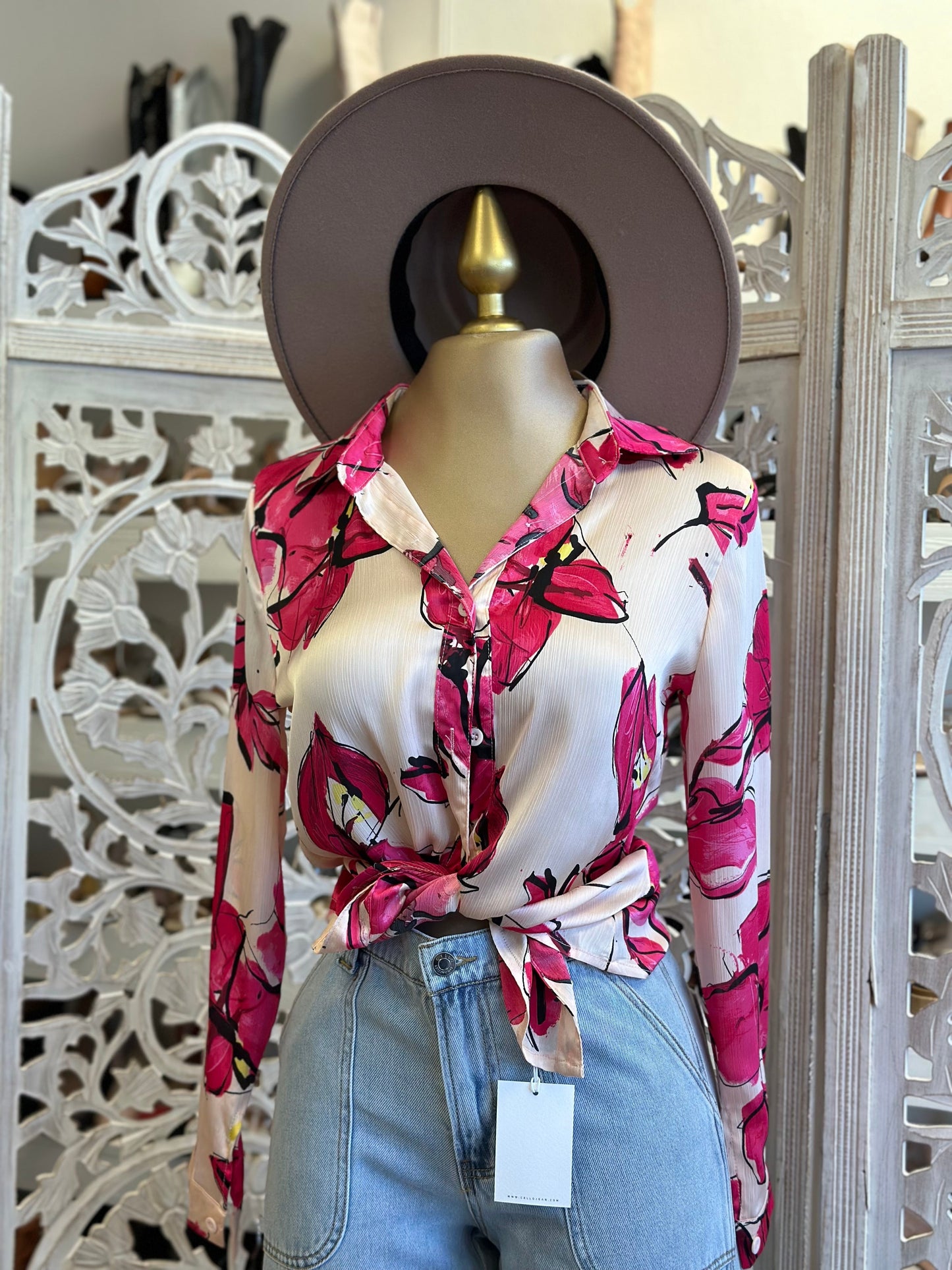 Rose Painted Oattern Button Up Blouse