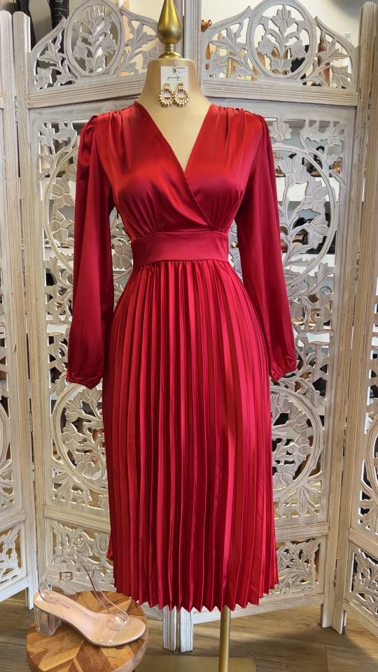 Red Satin Wrapped Pleated Dress- Not Stretchy