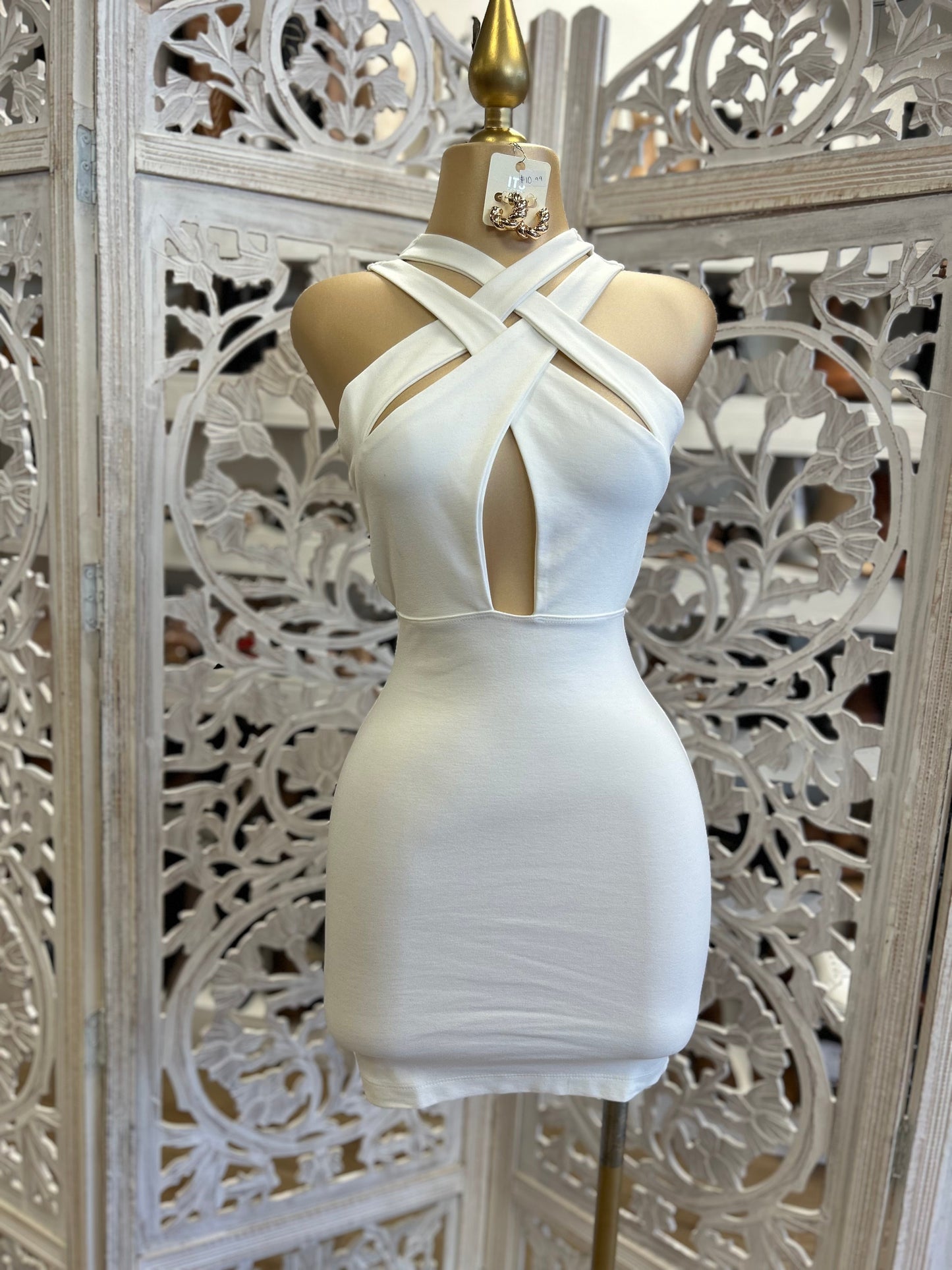 Crossed Cutout White Mini Dress - Slightly Stretchy